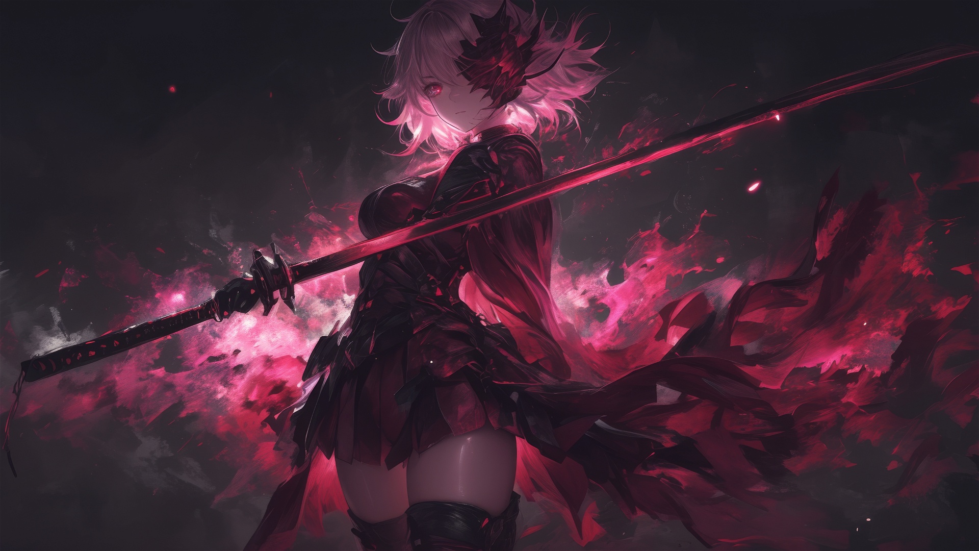 Red Sword Thigh High Boots Red Eyes Black Background Smoke Smoke Background White Hair Pink Hair 1920x1080