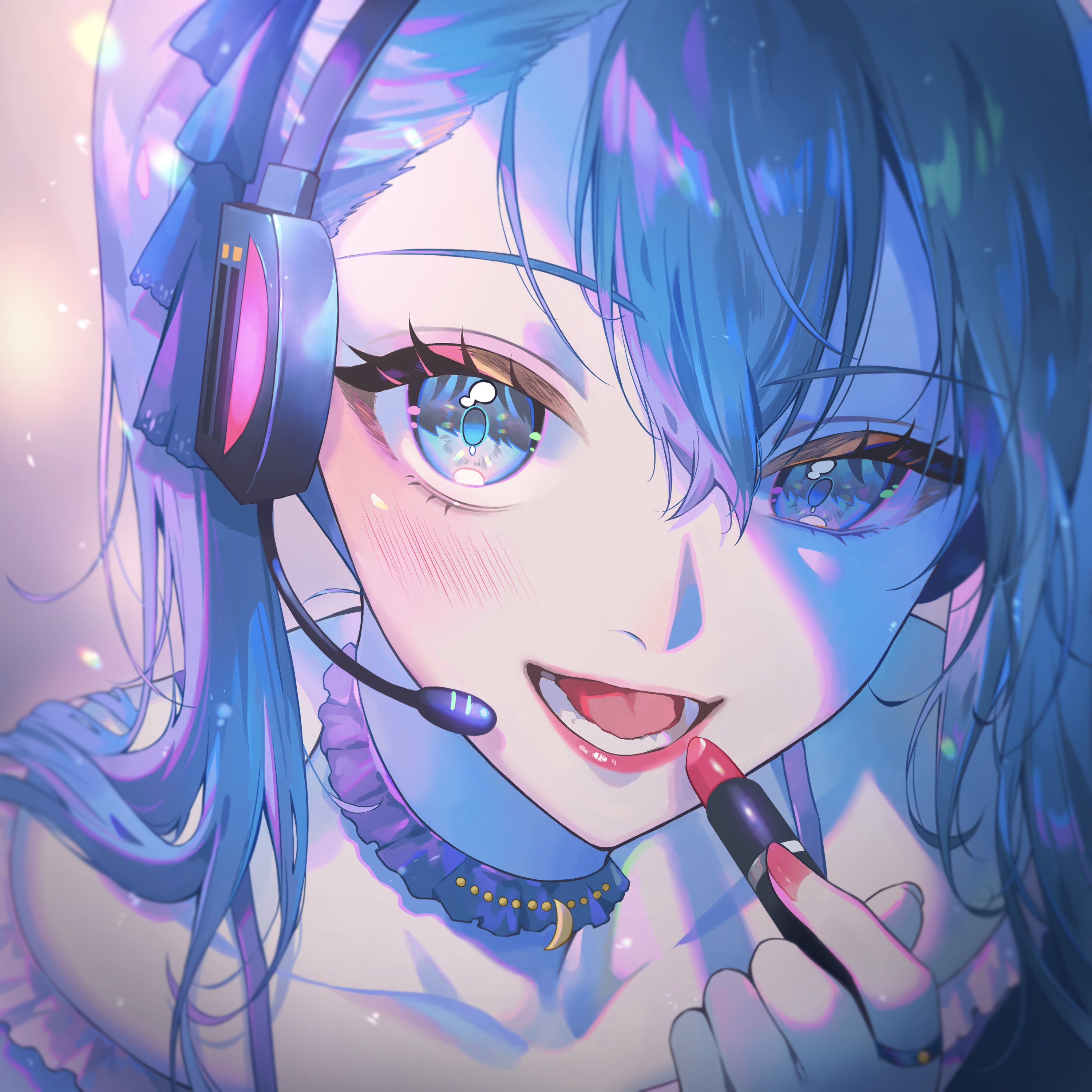 Vocaloid Hatsune Miku Looking At Viewer Choker Blue Eyes Open Mouth Blue Hair Headphones Hair Betwee 3000x3000