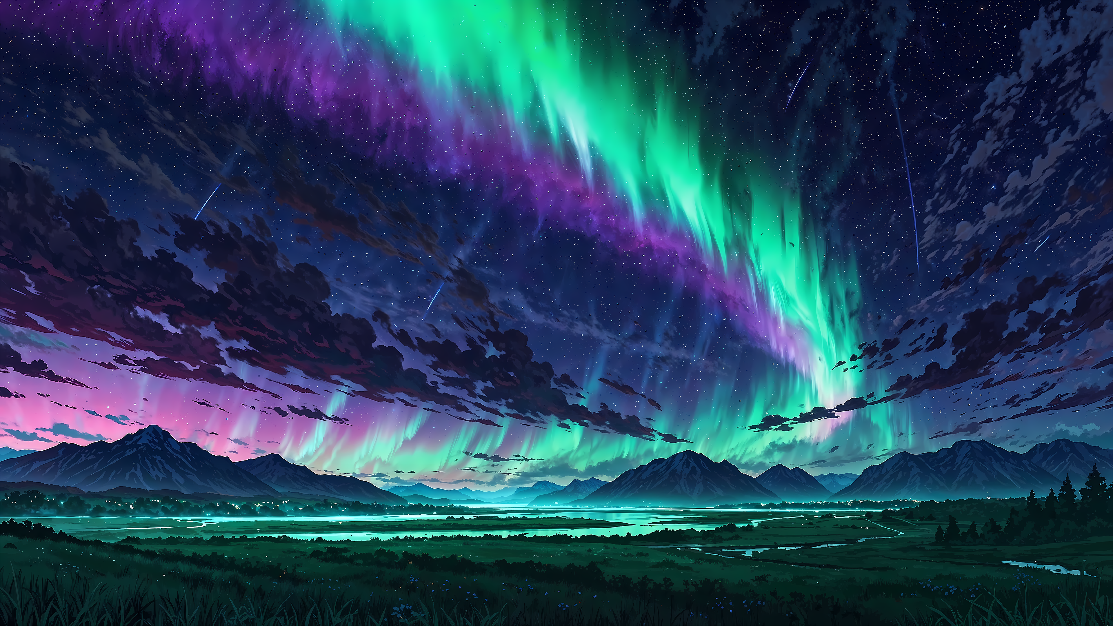 Aurorae Landscape Shooting Stars Mountains 3840x2160