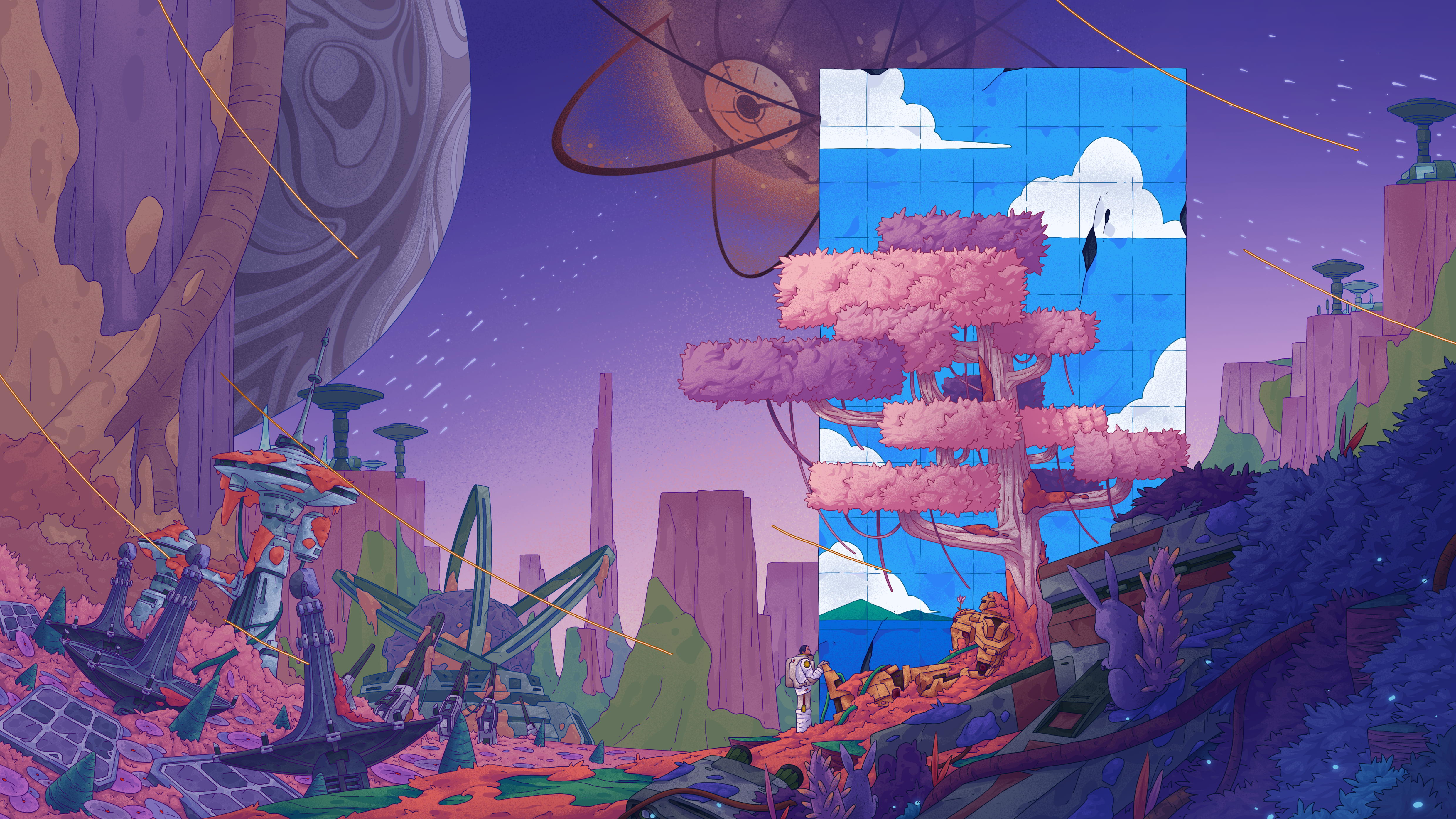 Digital Art Artwork Illustration Landscape Futuristic Fantasy Art Trees Ruins Planet Men Robot 4961x2790