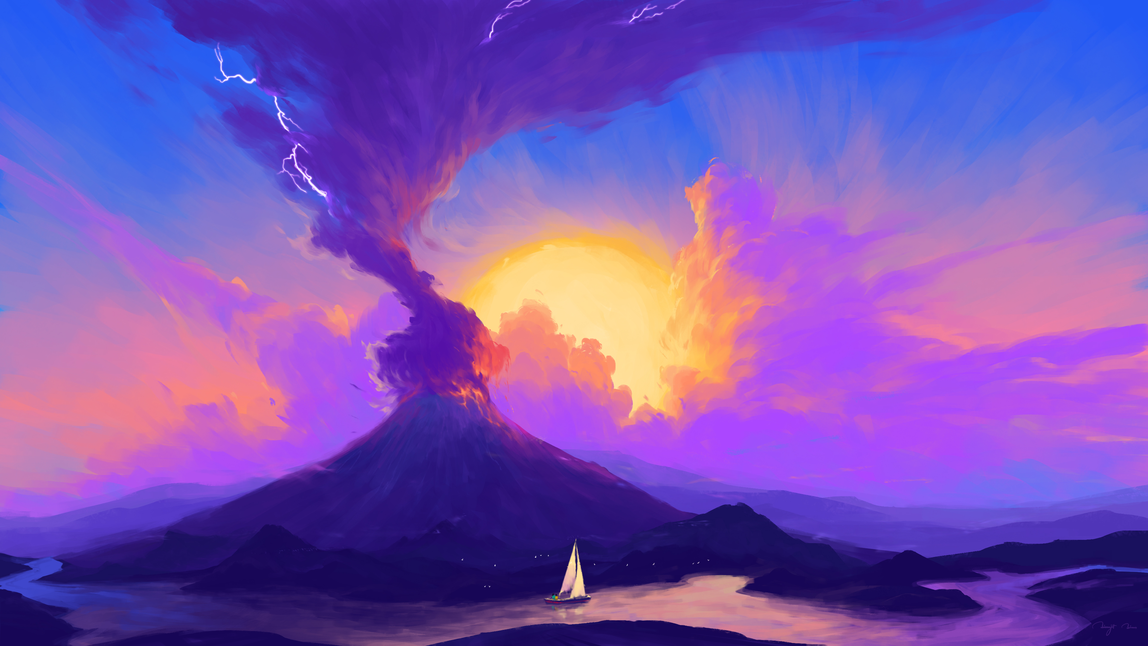 BisBiswas Digital Art Artwork Illustration Volcanic Eruption Volcano Landscape Clouds Ship Boat Natu 3840x2160