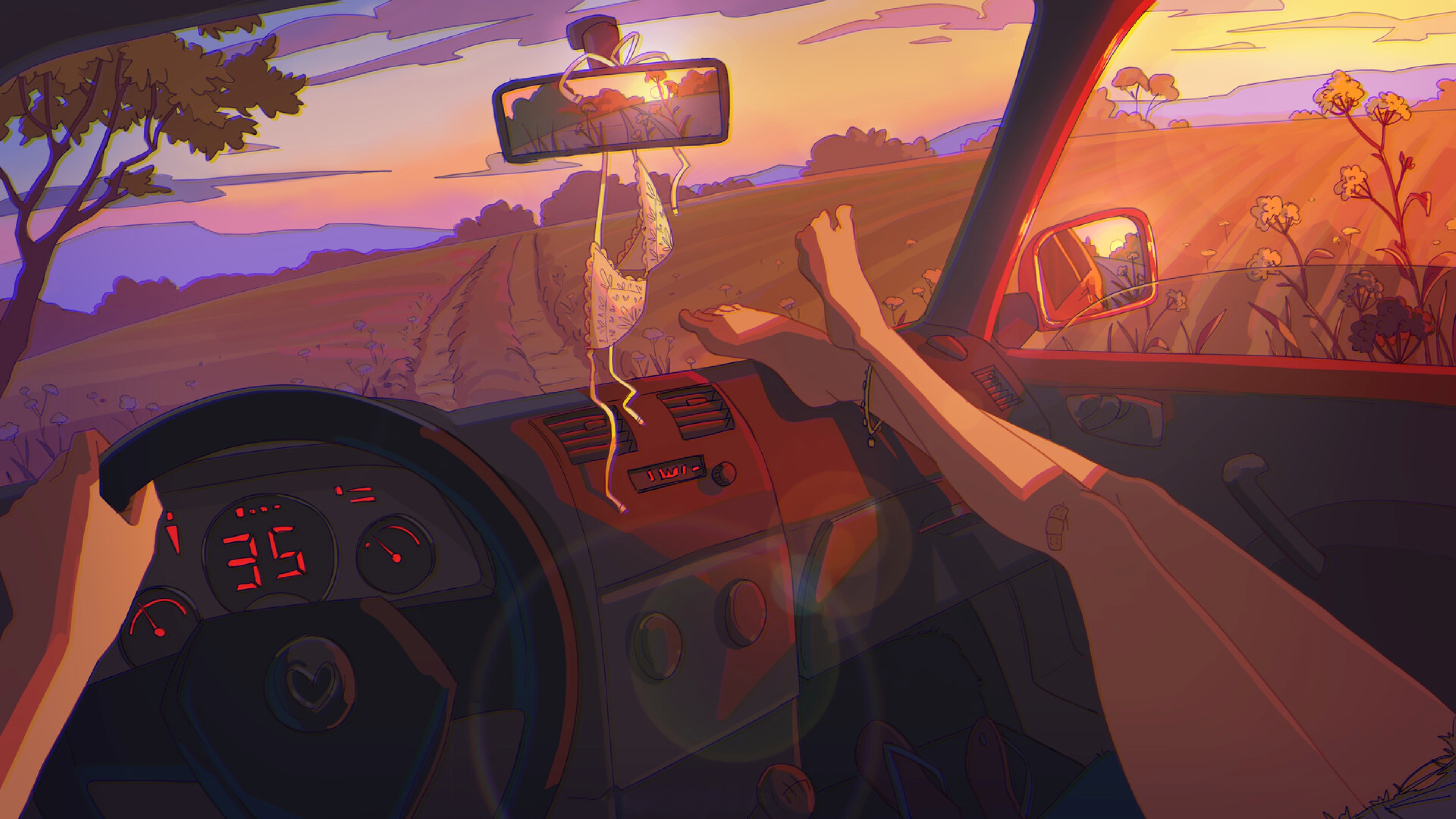 Digital Art Sunset Chill Out Car Interior Relaxing Peaceful Legs Crossed Farm Speedometer Steering W 3840x2160