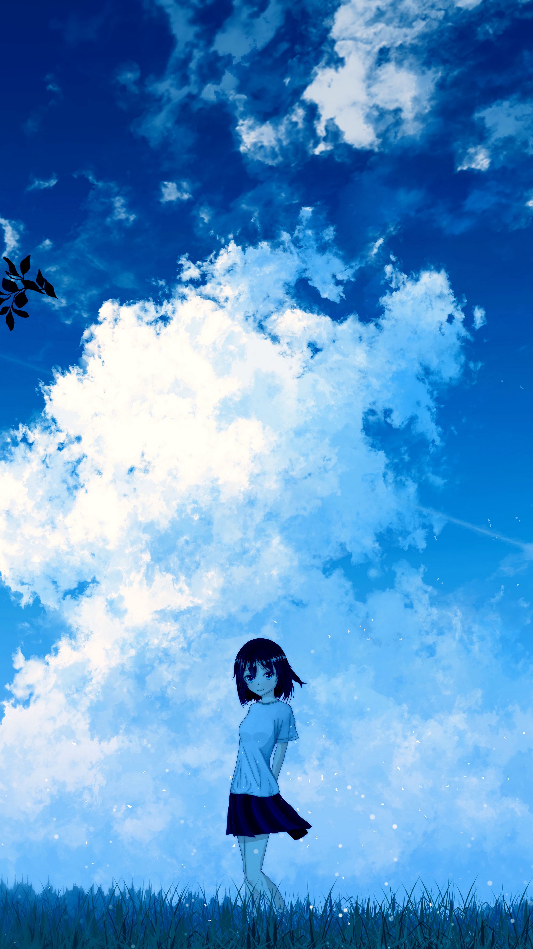 Anime Anime Girls Portrait Display Clouds Closed Mouth Smiling Looking At Viewer Standing Short Slee 2160x3840