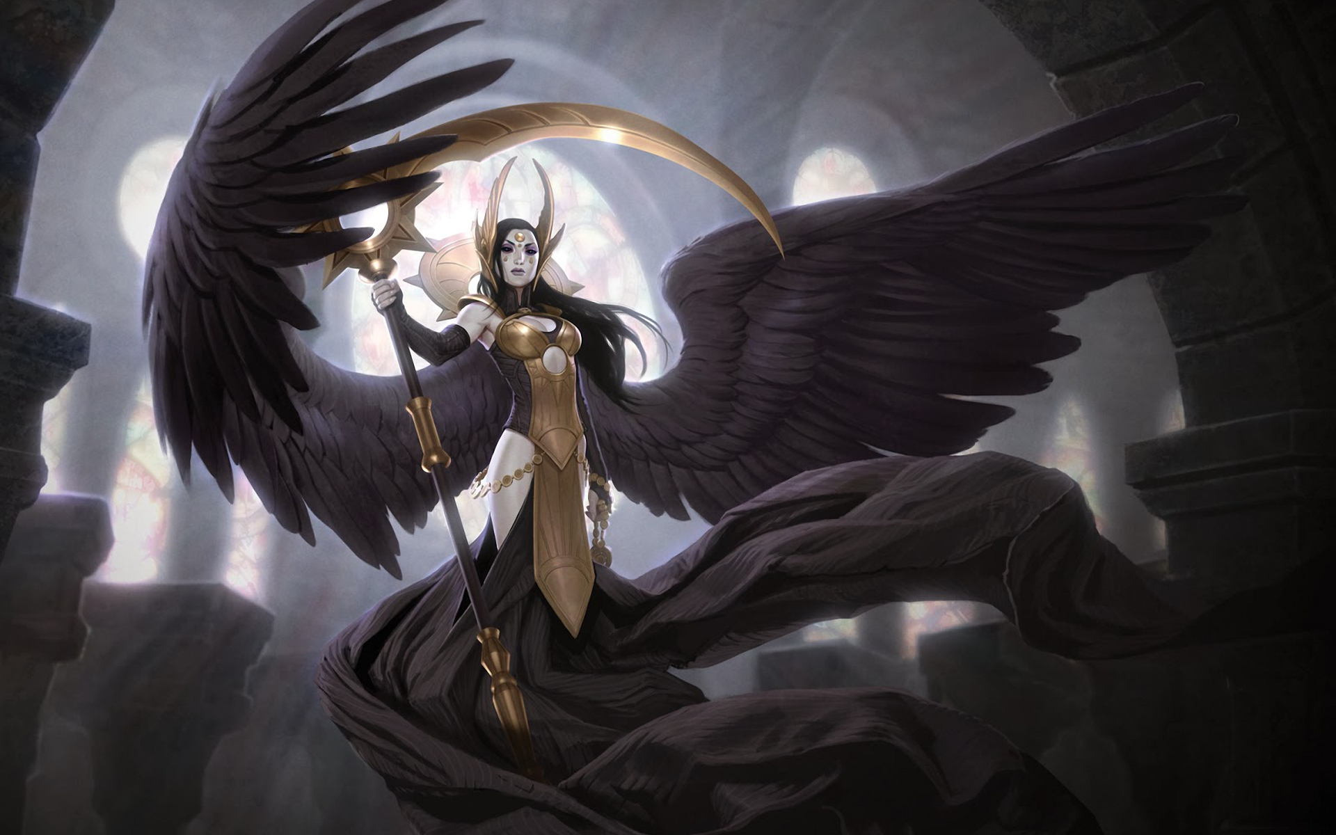 Demoness Demon Scythe Black Wings Gold Chains Gold Armor 1920x1200