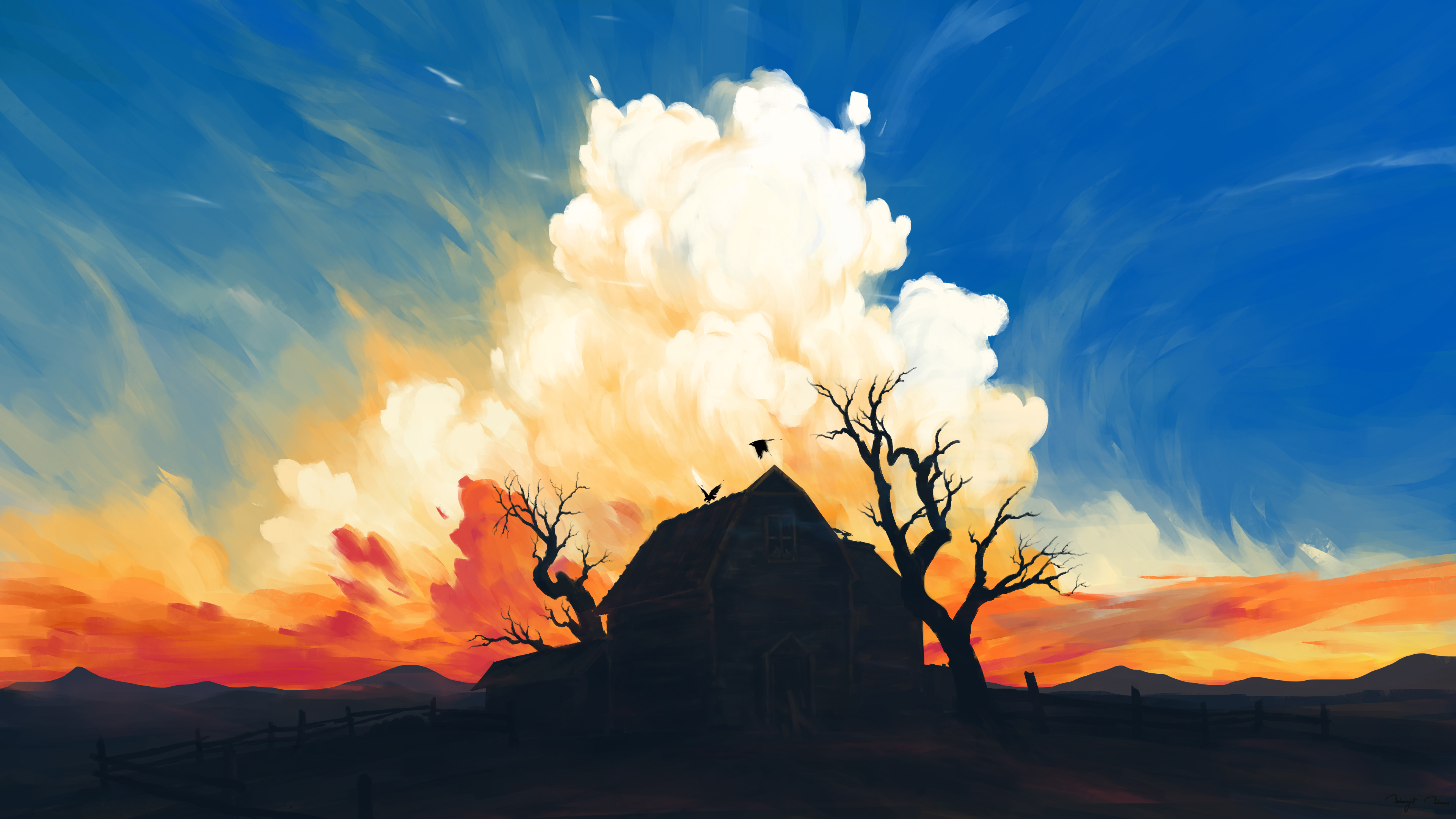 BisBiswas Digital Art Artwork Illustration Landscape Clouds 4K House Abandoned Sky Trees Birds Natur 3840x2160