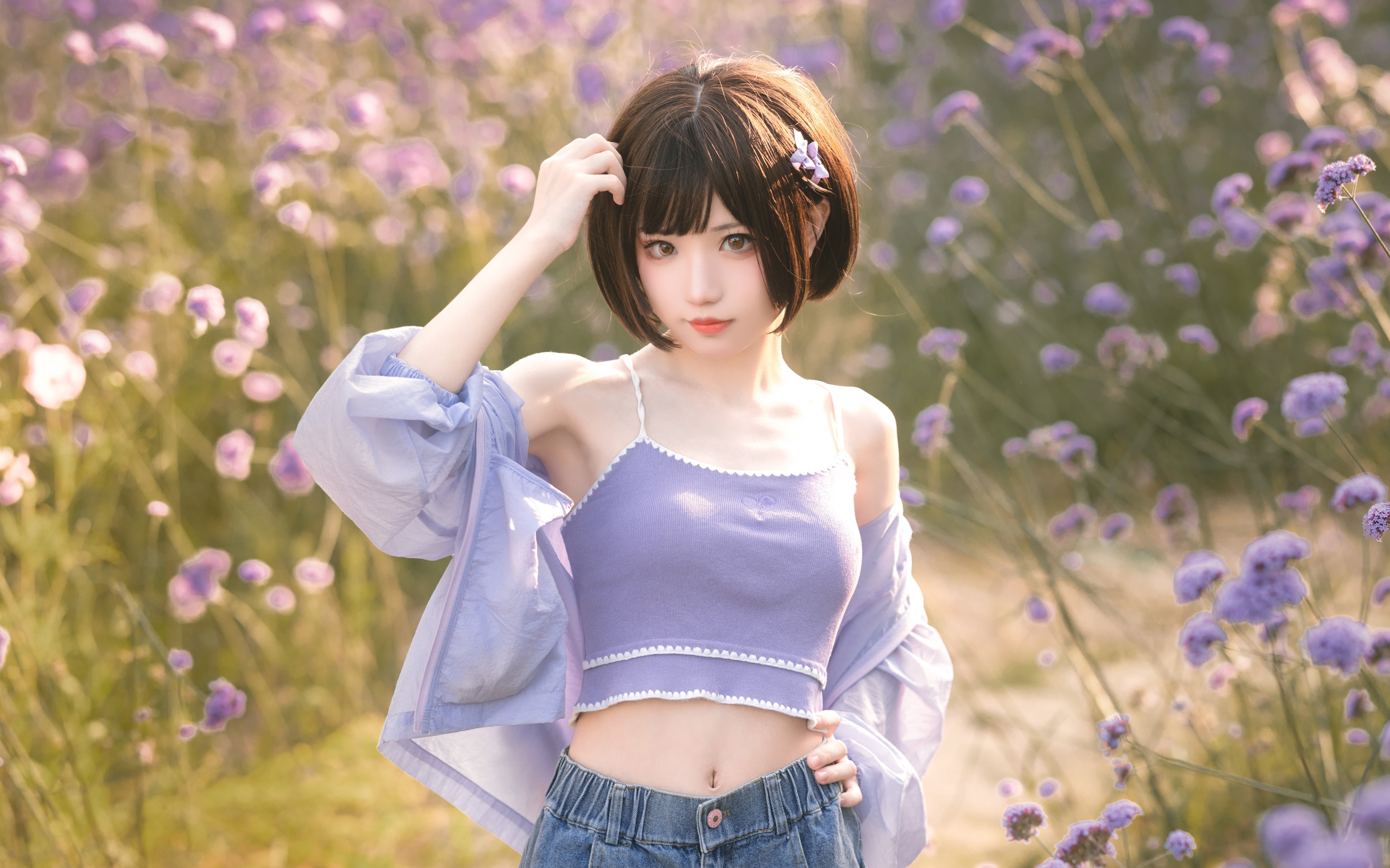 Black Hair Chinese Purple Clothing Looking At Viewer Asian 5027x3140