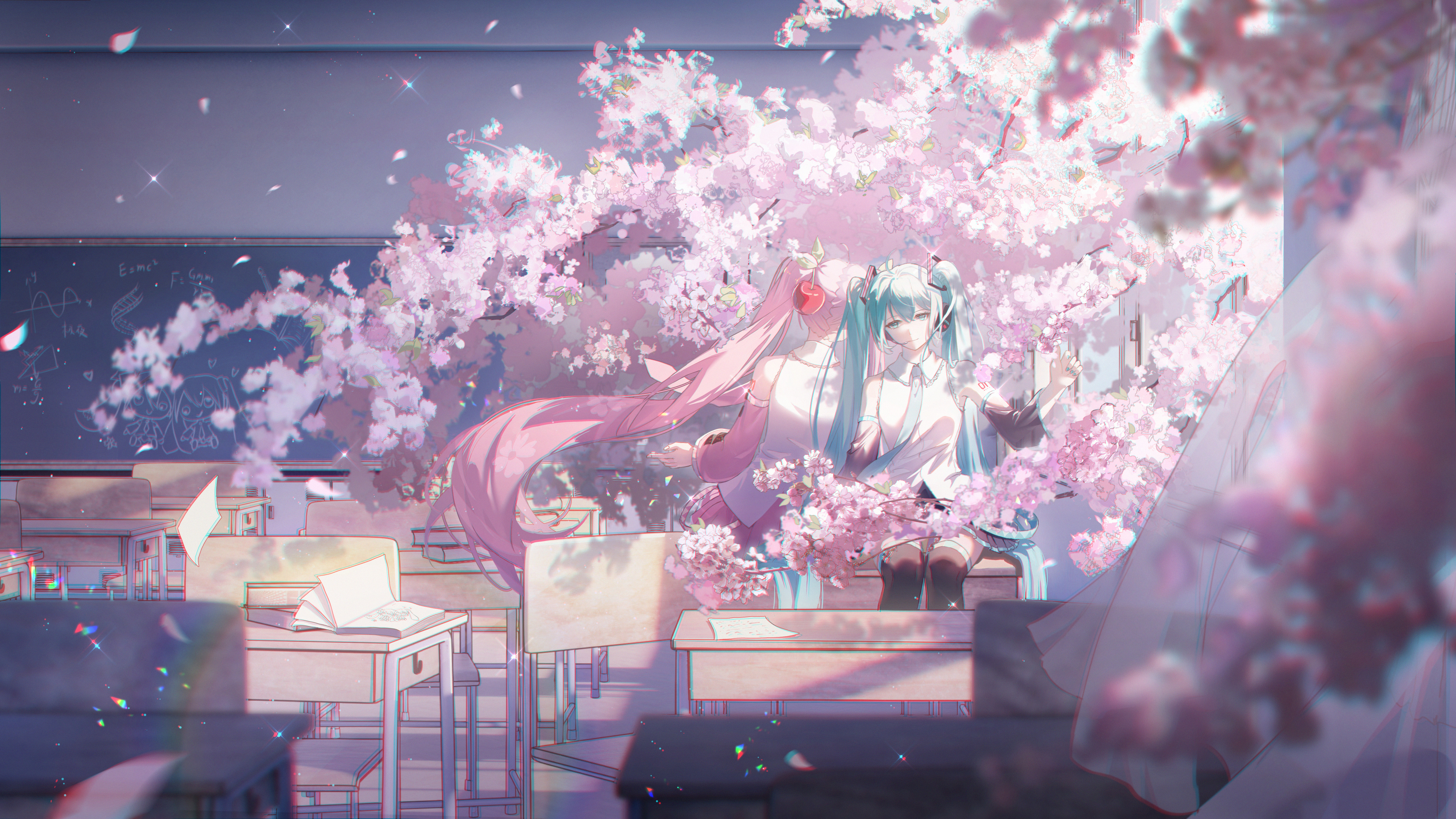 Hatsune Miku Anime Anime Girls Vocaloid Cherry Blossom Petals Classroom Twintails 5425x3052
