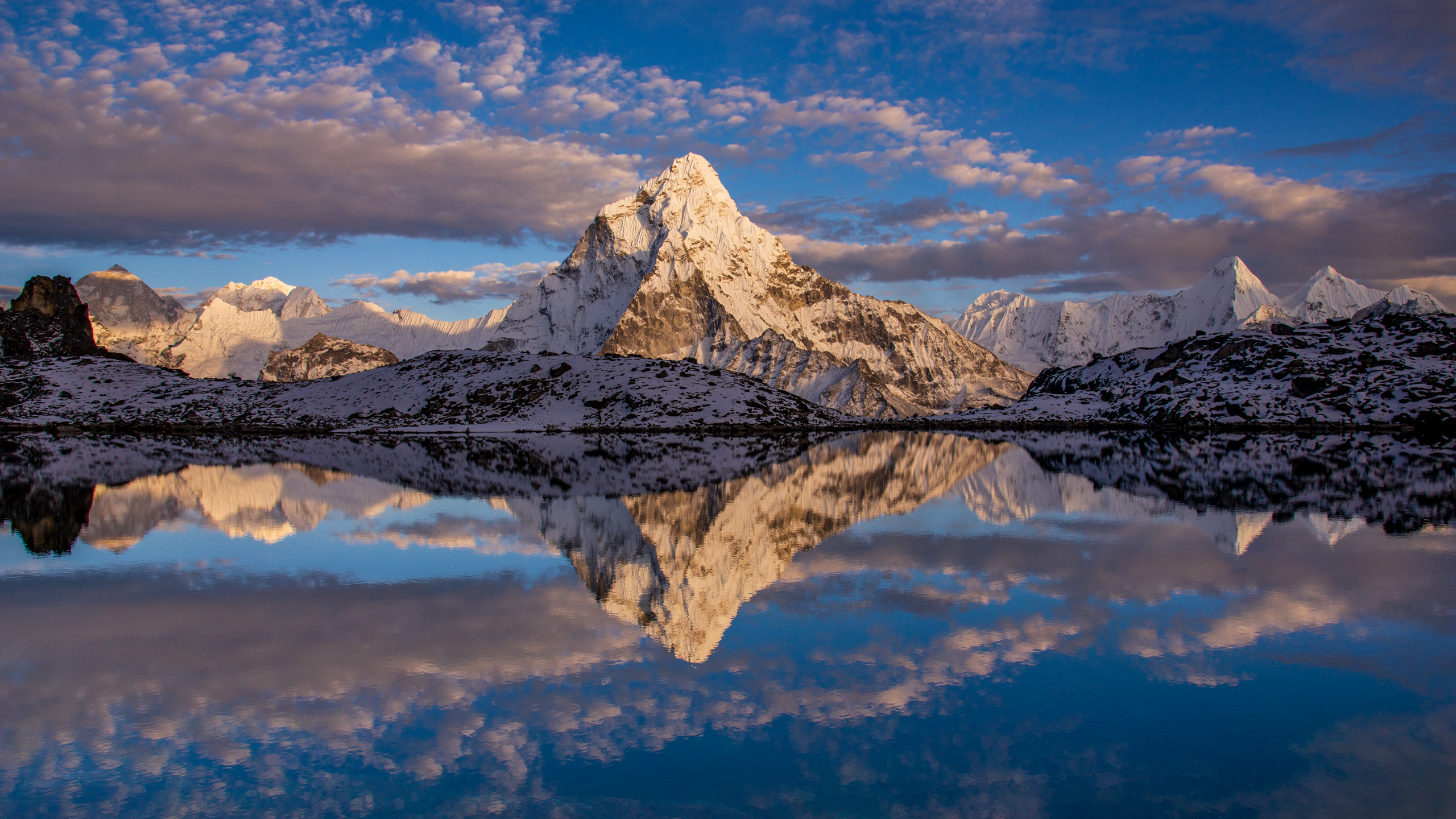 Nature Landscape Water Reflection Clouds Sky Mountains Snow Rocks Ama Dablam Nepal 2560x1440