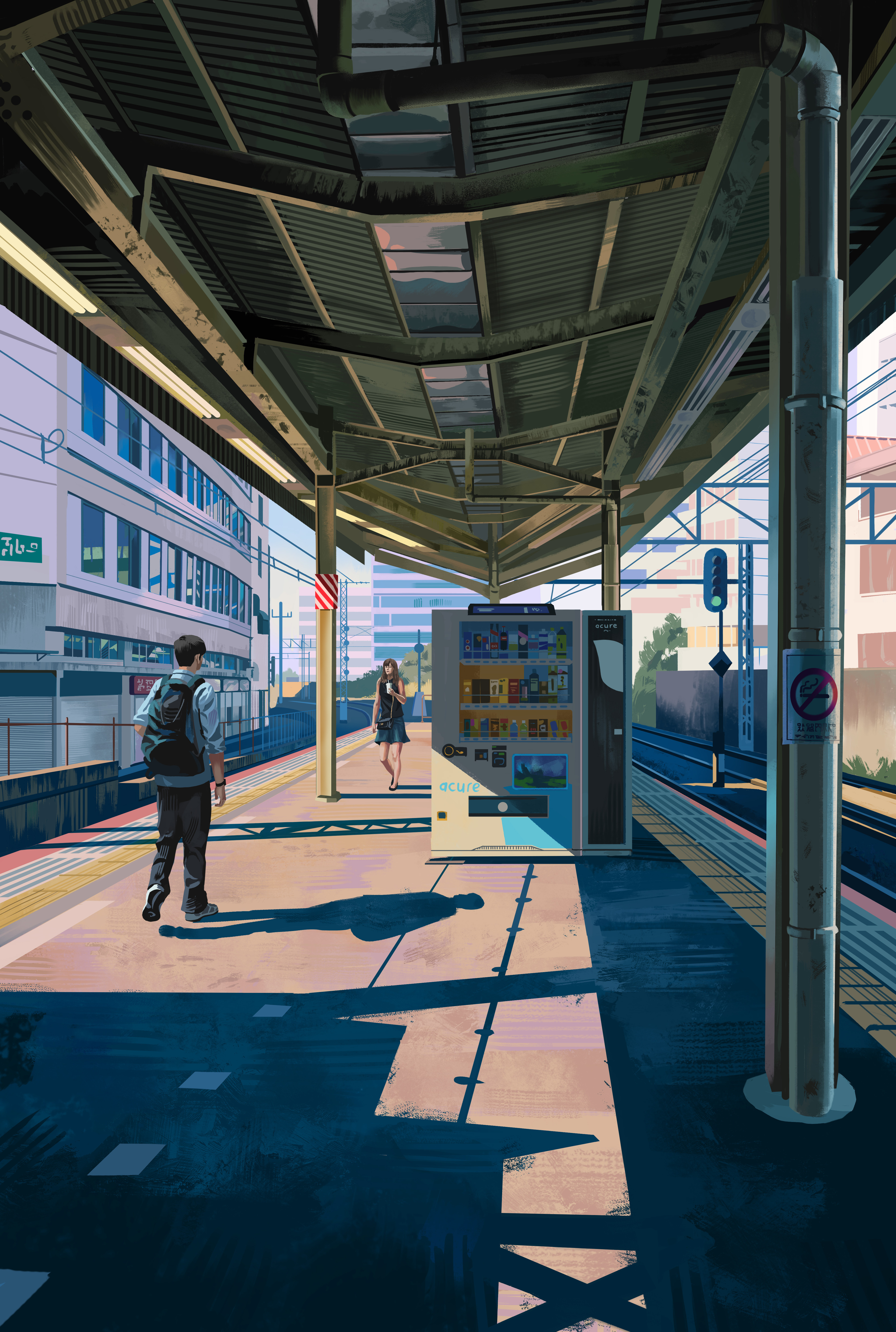 Train Station Vending Machine Sunny Railway Digital Art Jonathan Lebrec Portrait Display 3840x5707
