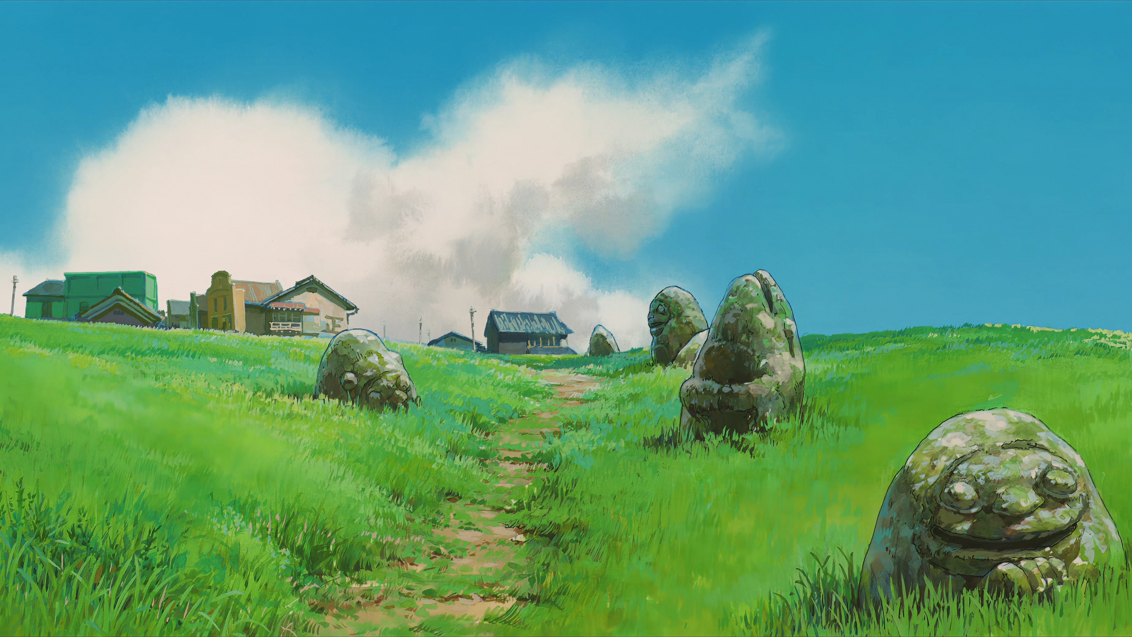Animation Anime Studio Ghibli Illustration Field Nature Rock Formation Sky 4K Spirited Away Clouds 3840x2160