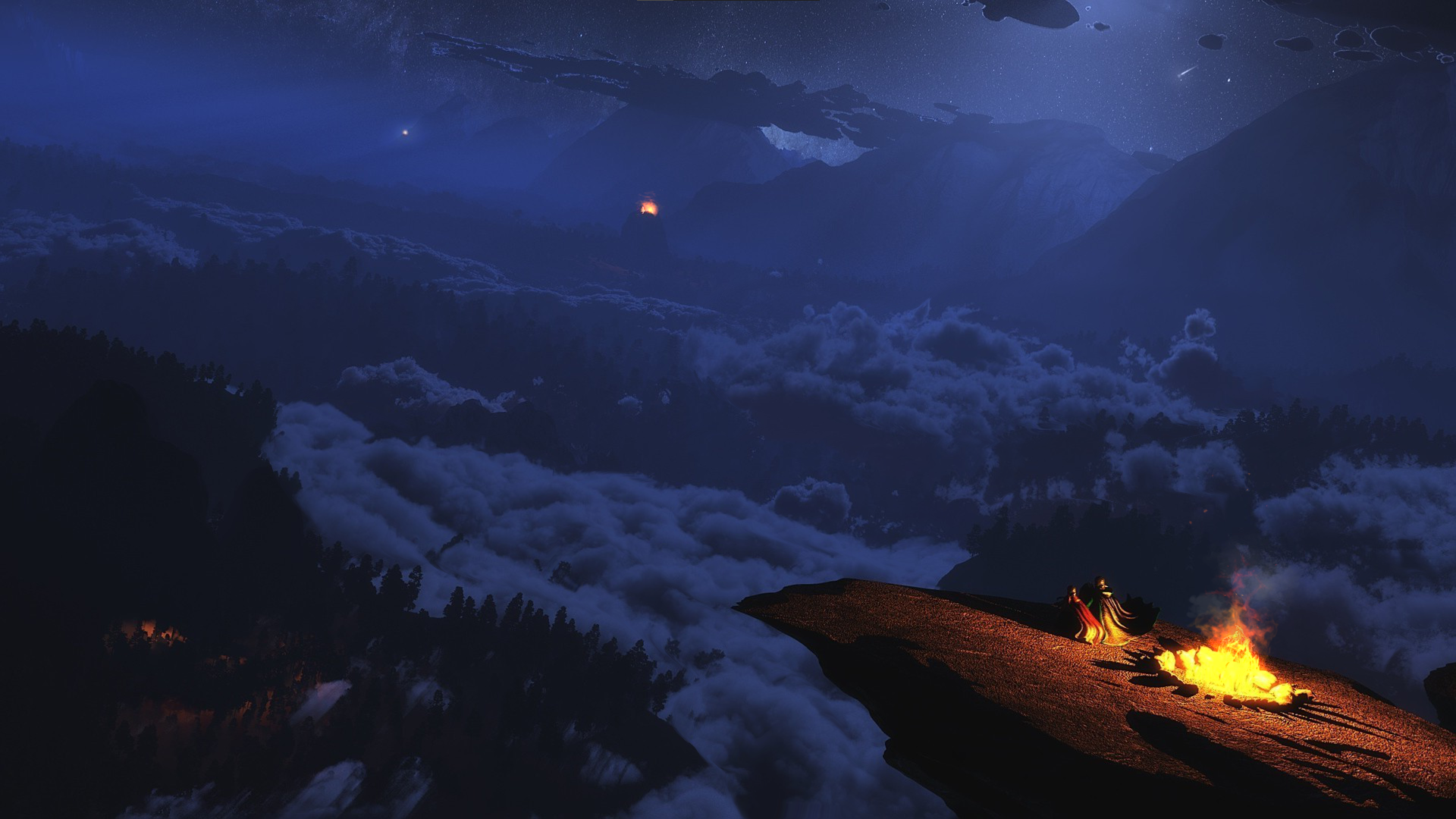 Artwork Isolated Camping Night Campfire Forest 1920x1080