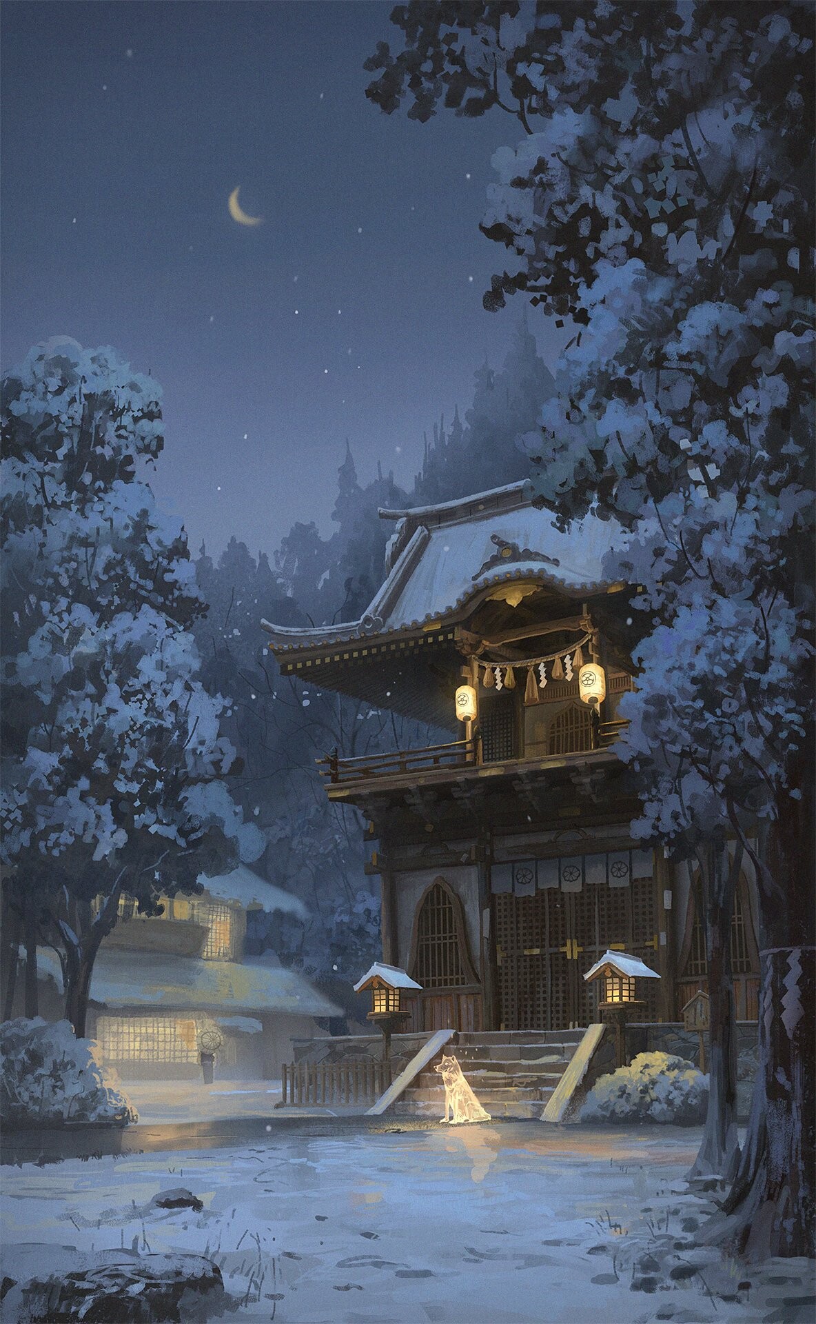 Trees Snow Shrine Temple Lantern 1184x1920