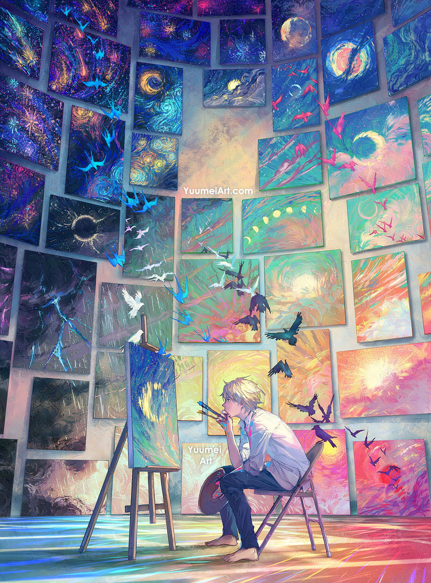 Yuumei Anime Boys Portrait Display Painting Paint Brushes Barefoot Easel Birds Chair Sitting Impress 1479x2000