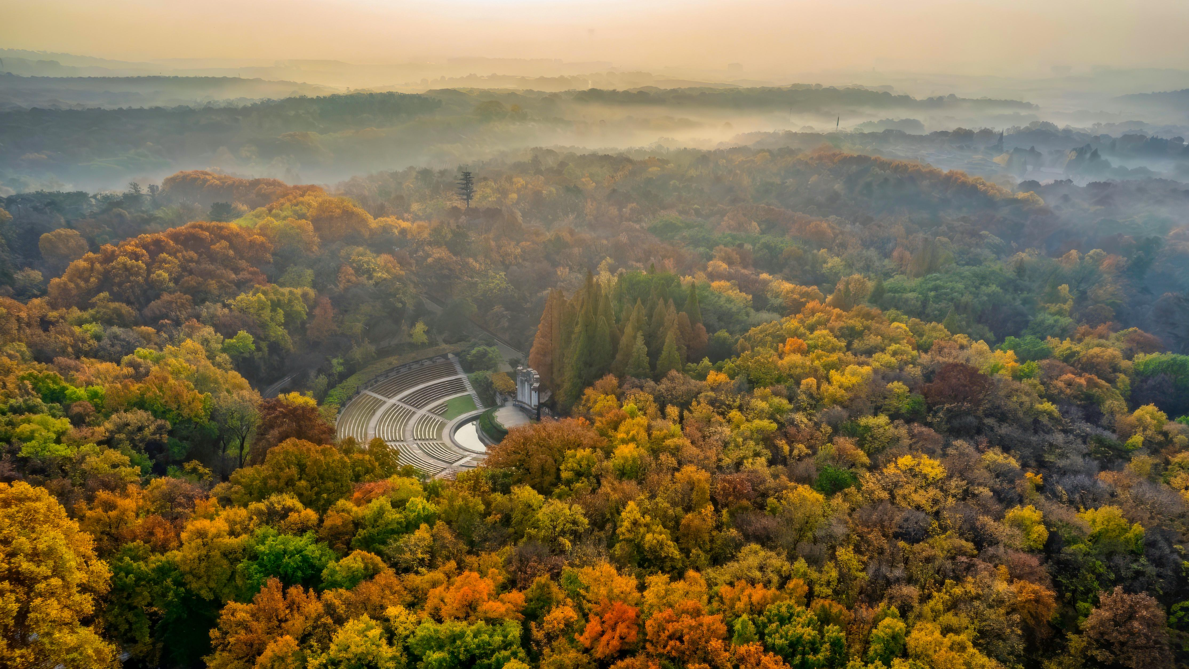 Nature Landscape Trees Forest Architecture Mist Far View Fall Nanjing China Amphitheater 3840x2160