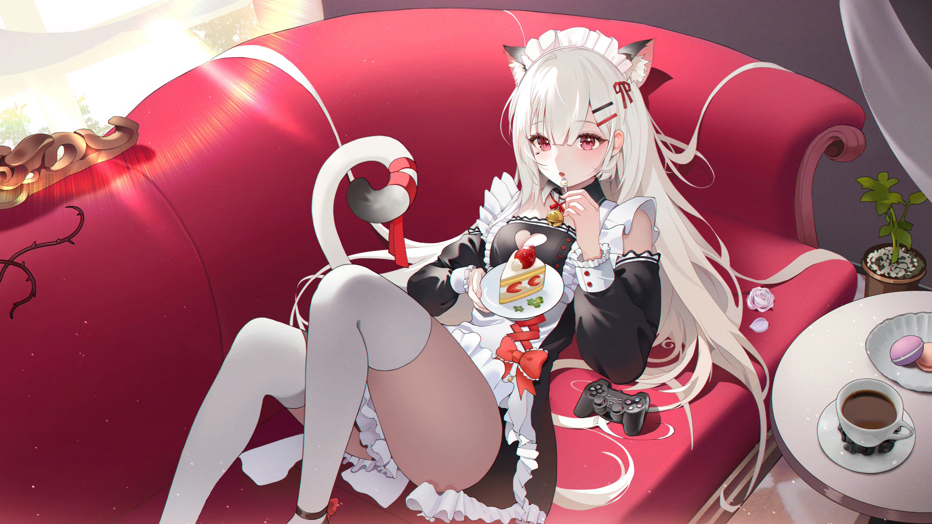 Anime Girls Silver Hair Cat Girl Maid Maid Outfit 3840x2160