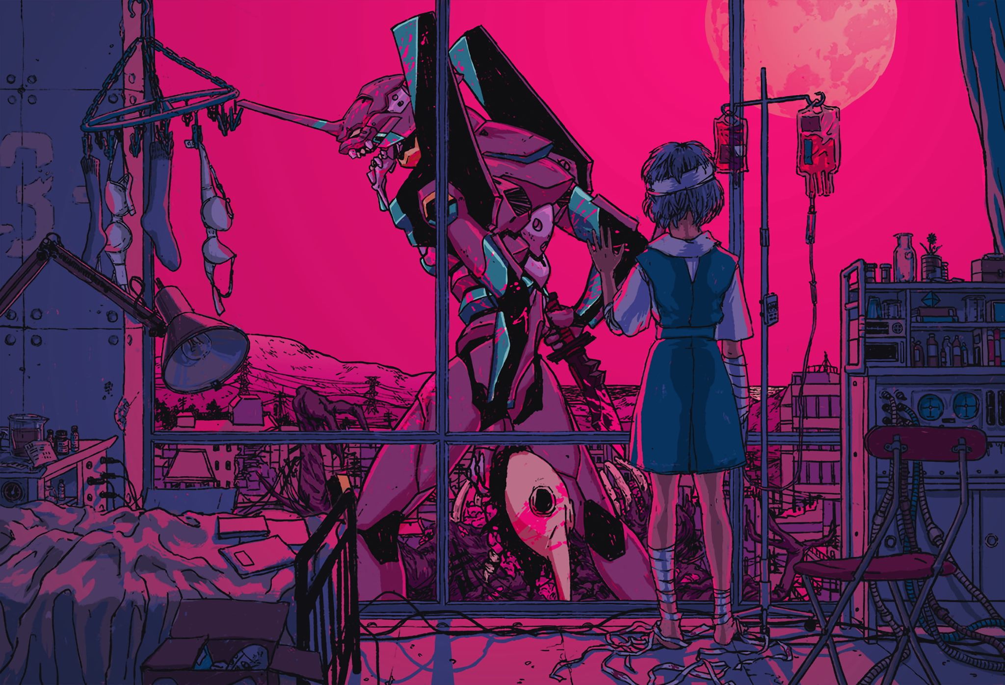 Neon Genesis Evangelion Blood Bag Mecha Fight Anime Girls Sick Girl Bandages Pink Room Messy Messy H 2048x1397