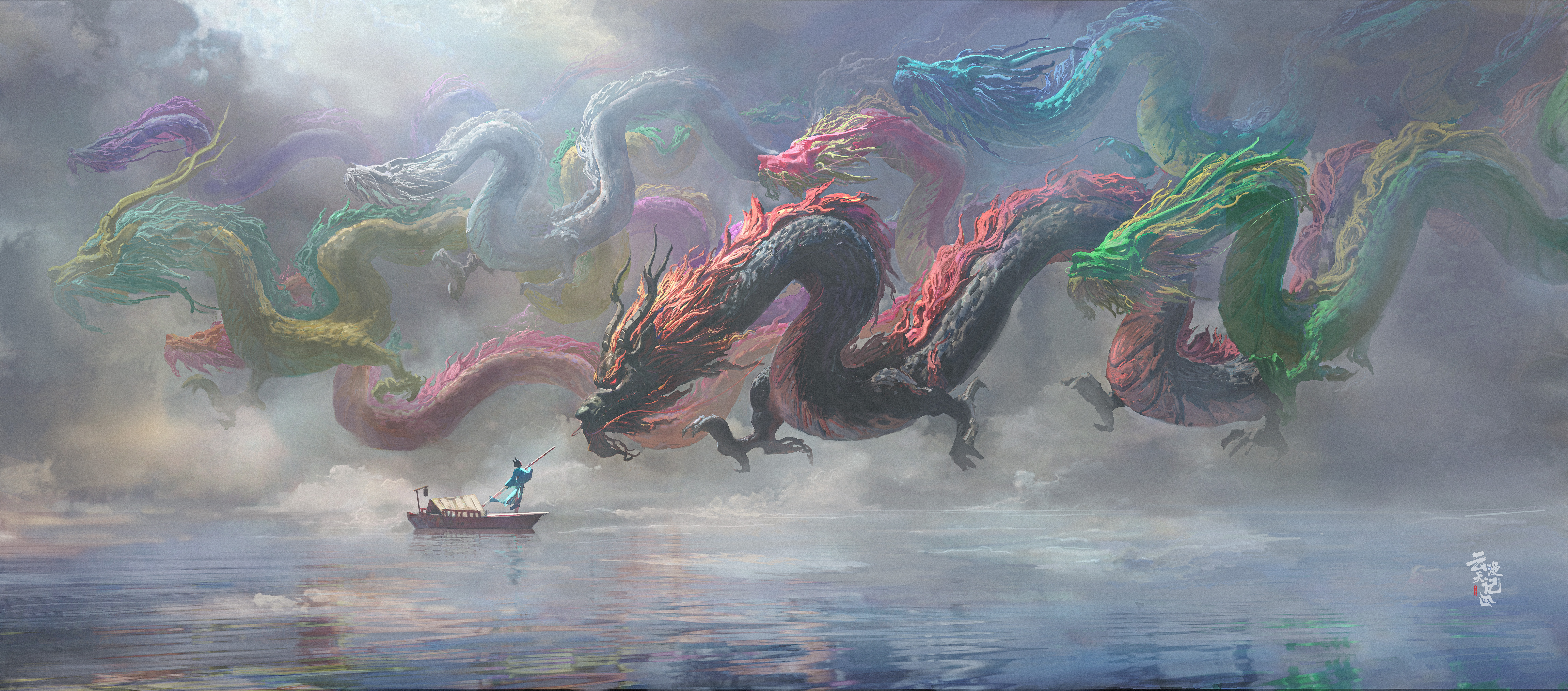 Chibaolin Digital Art Artwork Illustration Fantasy Art Dragon Animals Sea Boat Water Wide Screen Wat 7939x3500