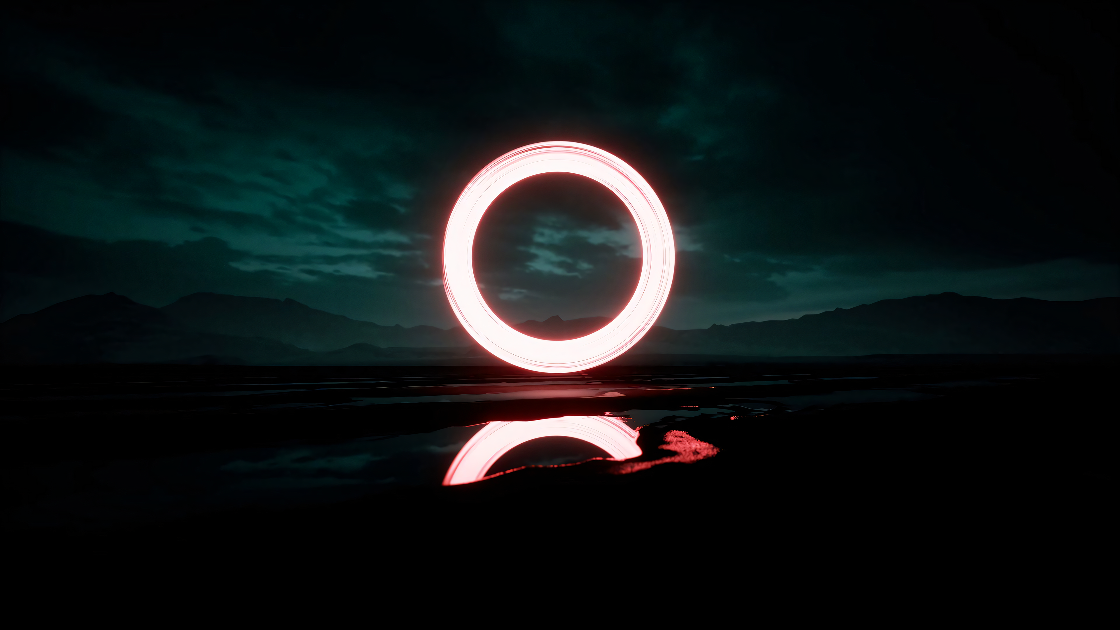 Red Circle Neon Dark Reflection Reflective Water Clouds Night Nature Other World Low Light Digital A 3840x2160