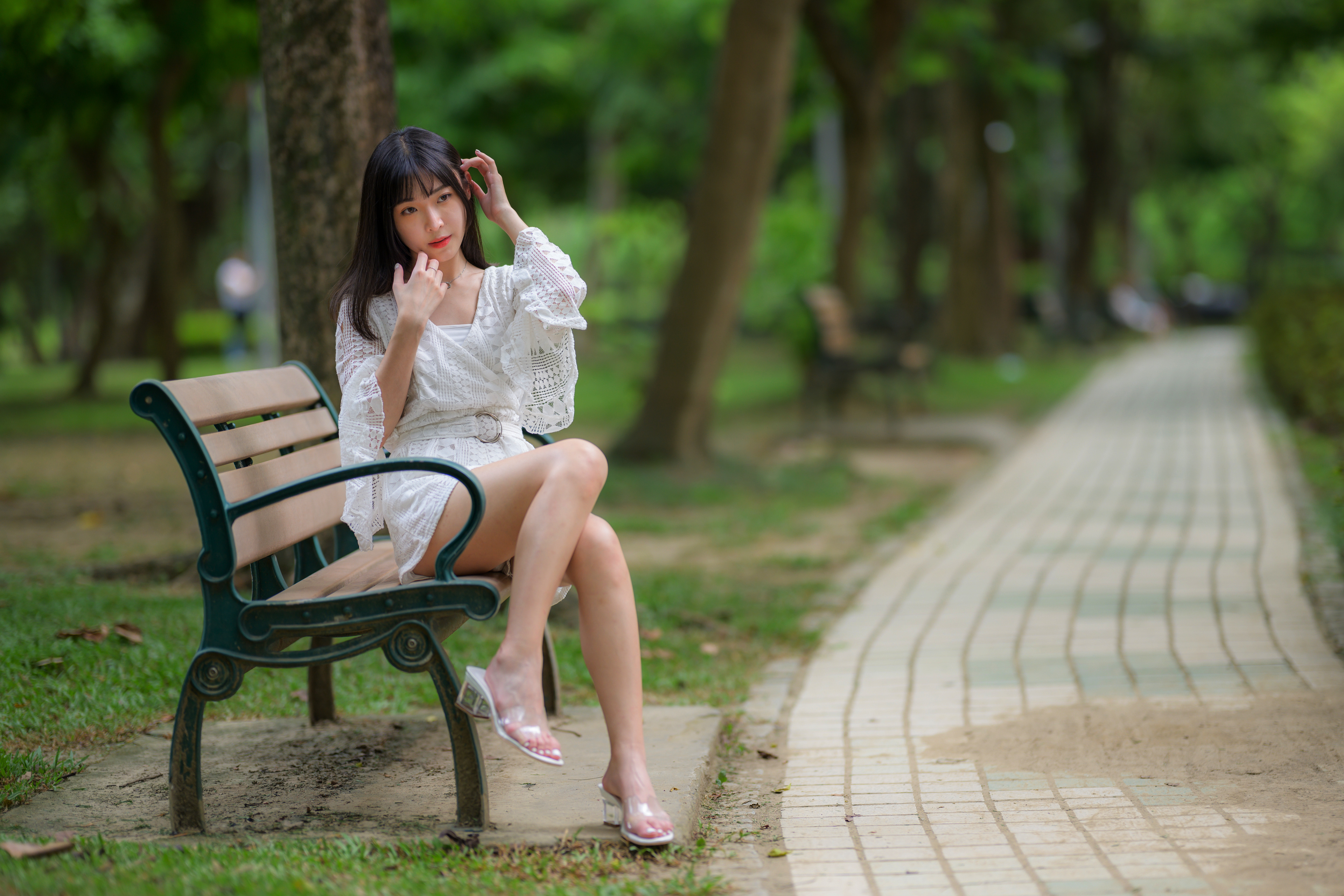 Asian Model Women Dark Hair Long Hair Sitting Bench Barefoot Sandal 3840x2560