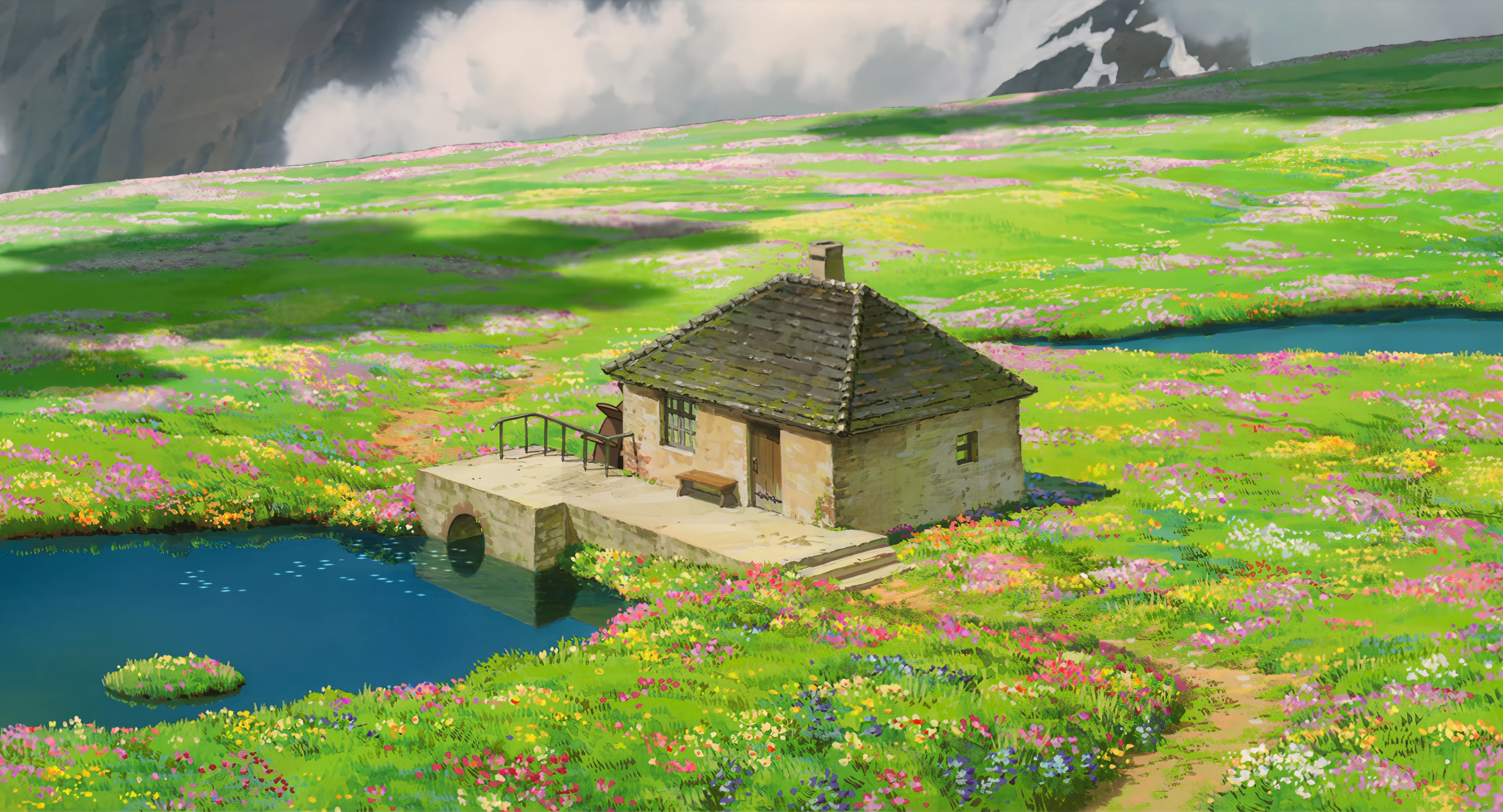 Howls Moving Castle Studio Ghibli Anime Field House Water Reflection Clouds Plants 3840x2075