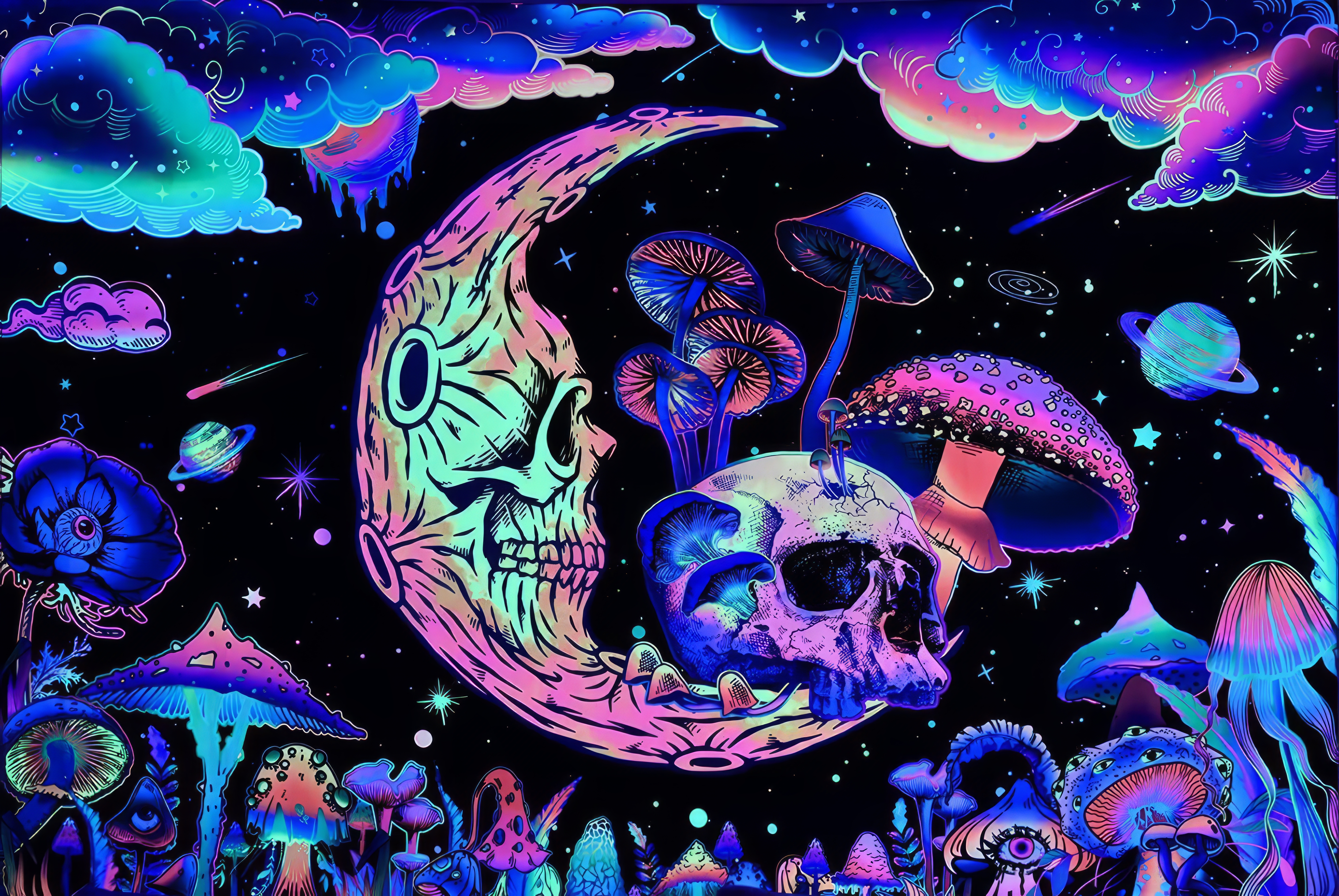 Drawn Neon Crescent Moon Skull Mushroom Colorful Psychedelic Galaxy Stars Planet Clouds 5712x3824