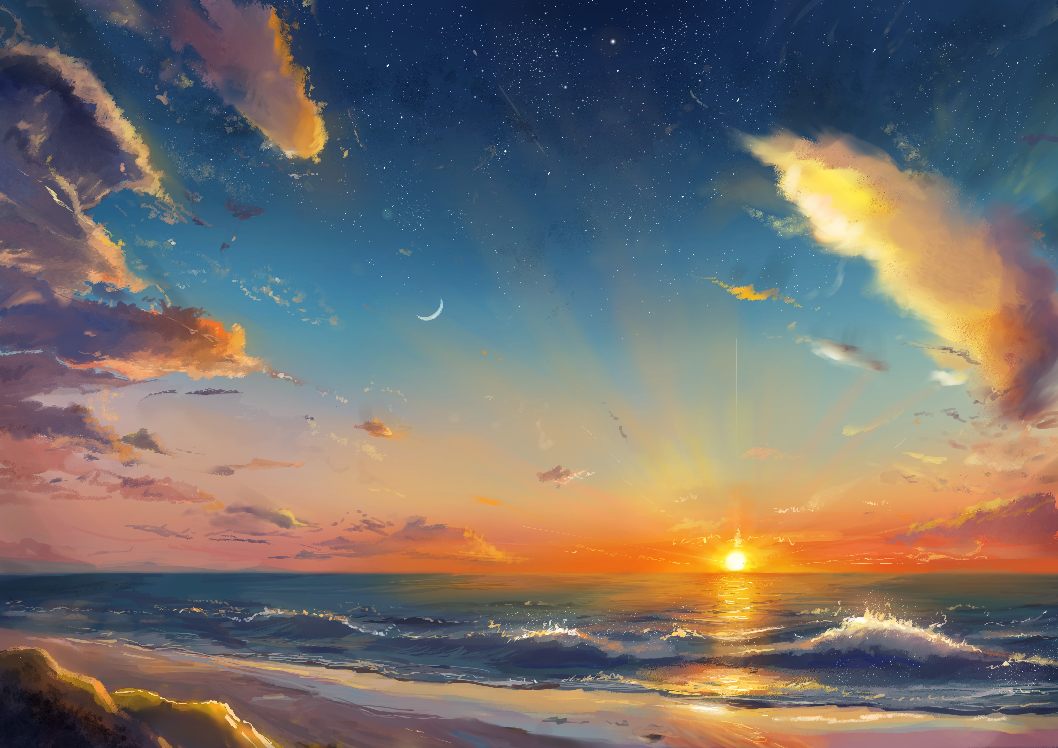 Digital Art Artwork Illustration Digital Painting Landscape Beach Sea Water Sunlight Moon Sky Clouds 4093x2894