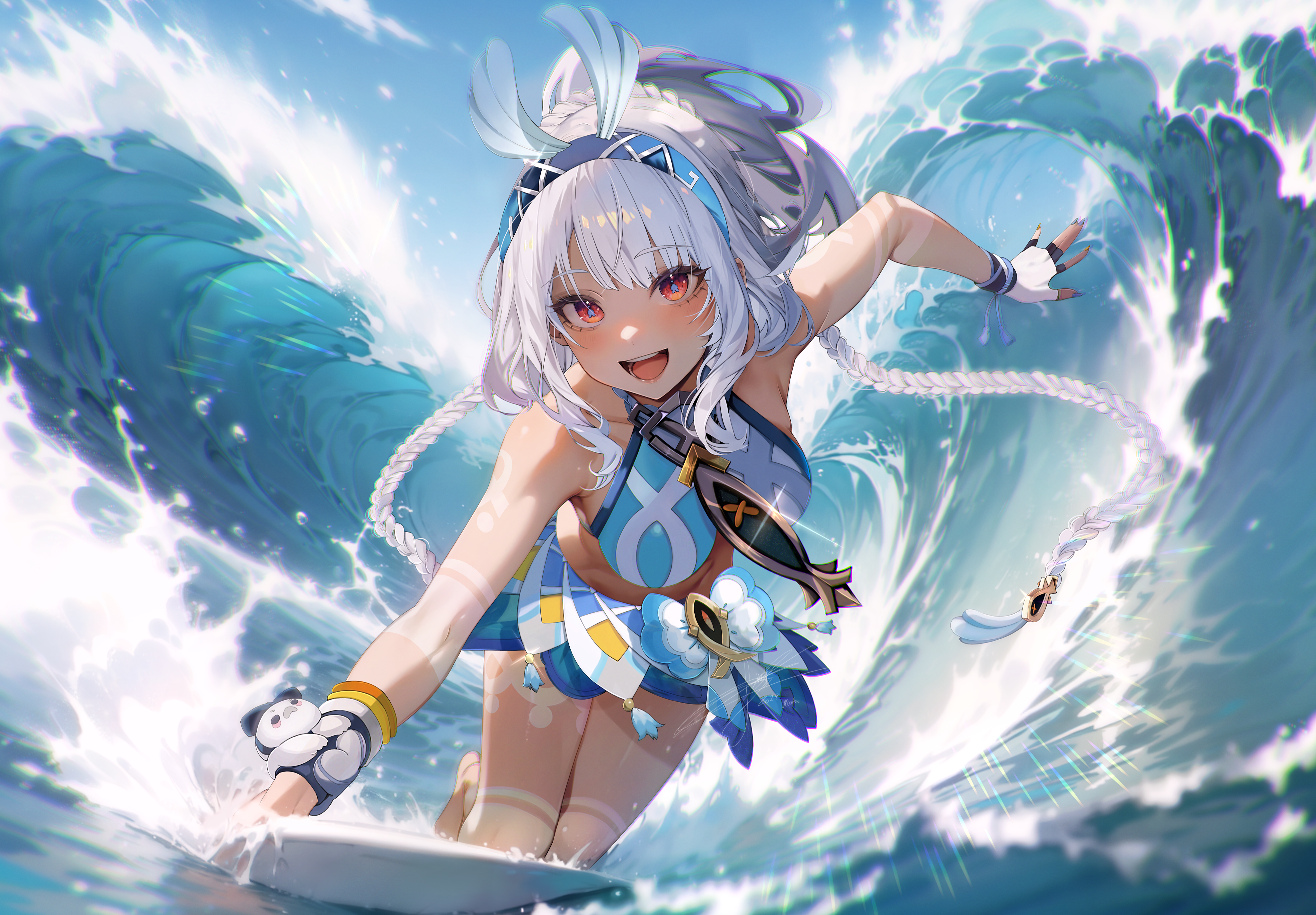 Mualani Genshin Impact Waves Surfing Anime Girls Mihoyo Video Games Silver Hair Genshin Impact 4096x2848