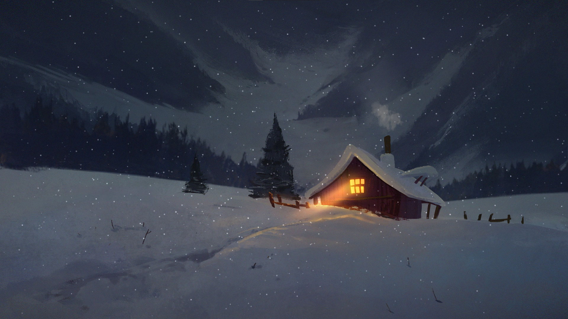 Cabin Snow Night Forest Isolated 1920x1080