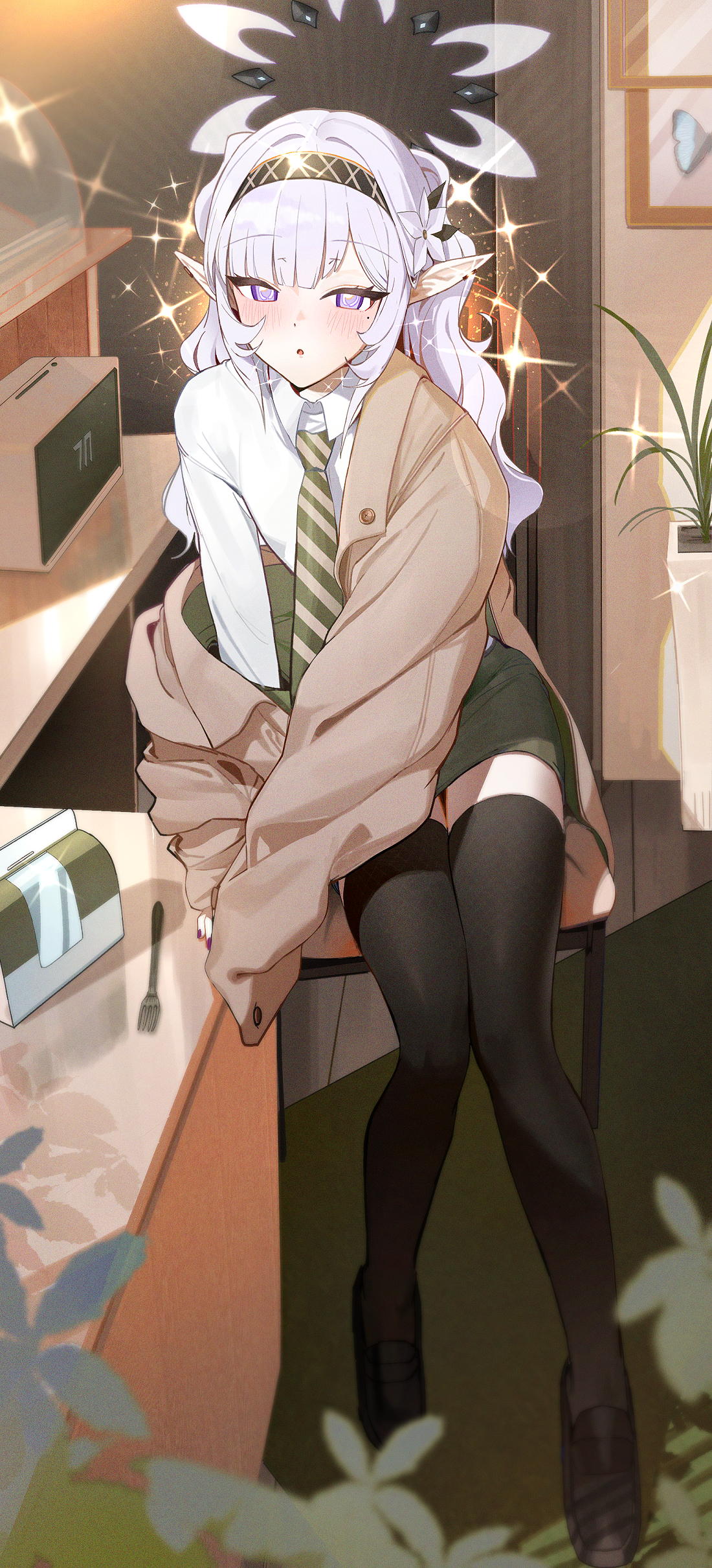 Anime Anime Girls Purple Eyes White Hair Hairband Pointy Ears School Uniform Striped Tie Blushing Tw 1100x2420