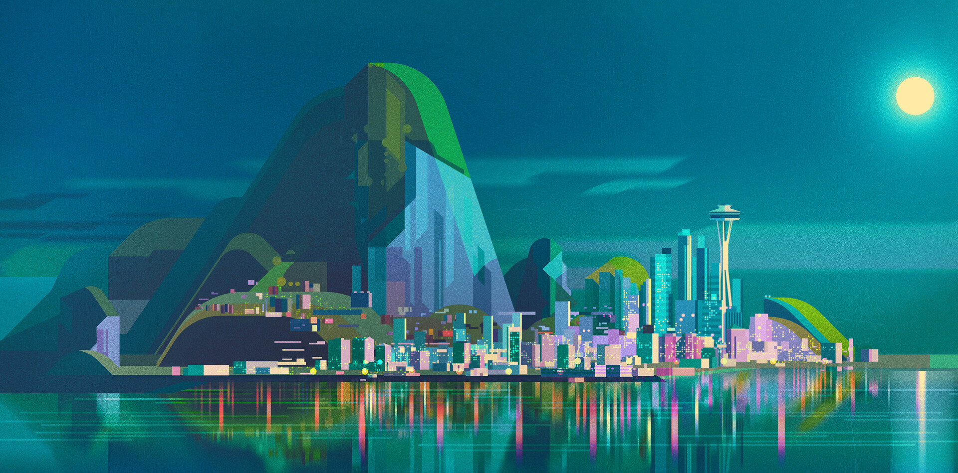 Night Moon Water Reflection Mountains City Building Tower Skyscraper James Gilleard 1920x949