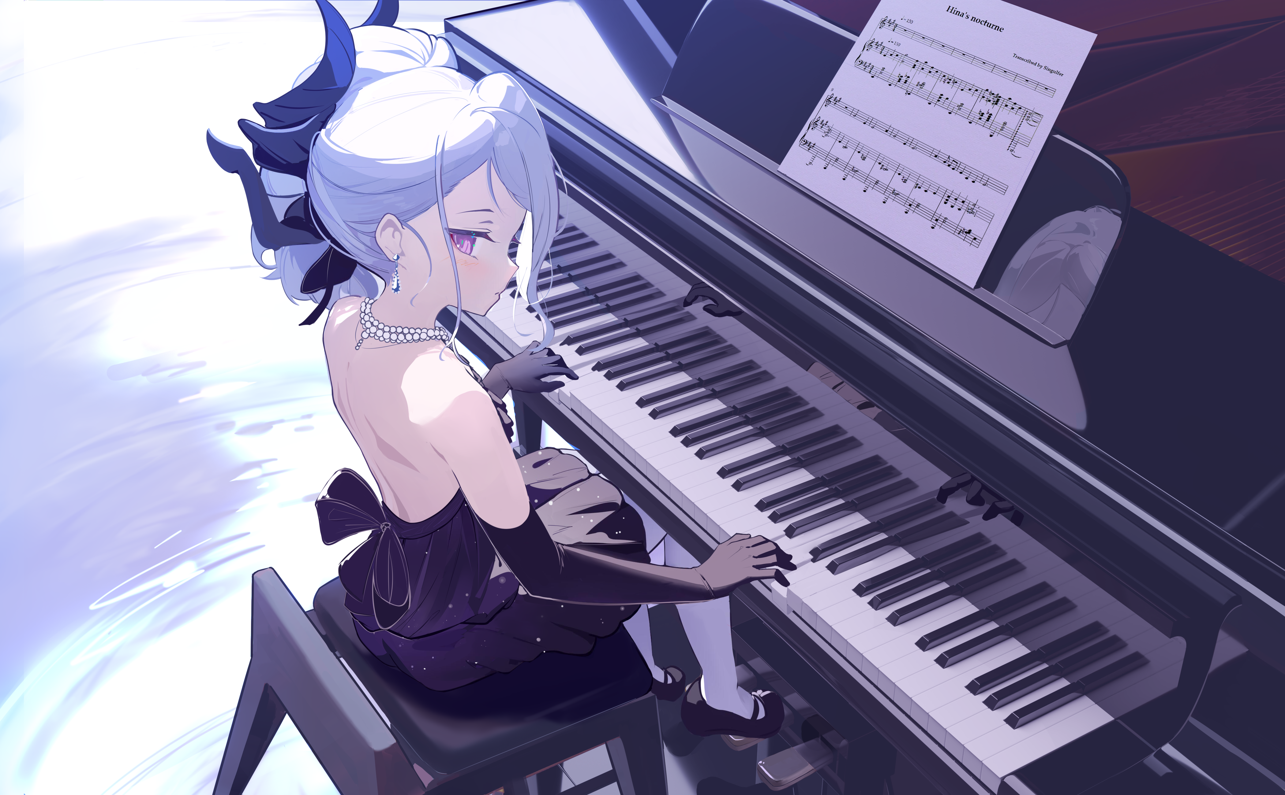 Sorasaki Hina Blue Archive Blue Archive White Hair Purple Eyes Demon Horns Piano Dress Anime Girls A 4198x2600