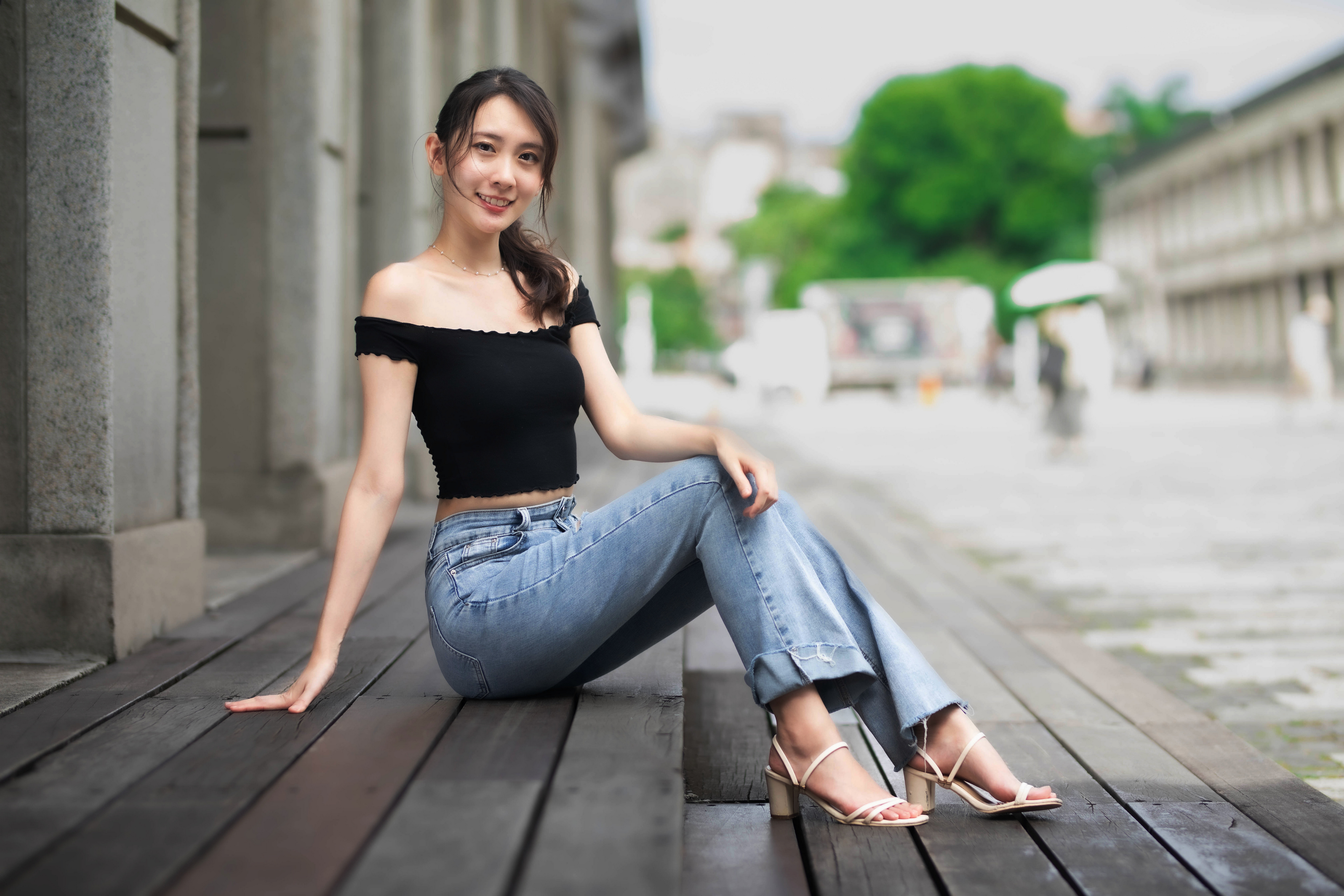 Asian Model Women Long Hair Dark Hair Sitting Brunette Jeans Smiling Black Top Bare Shoulders High H 3840x2560