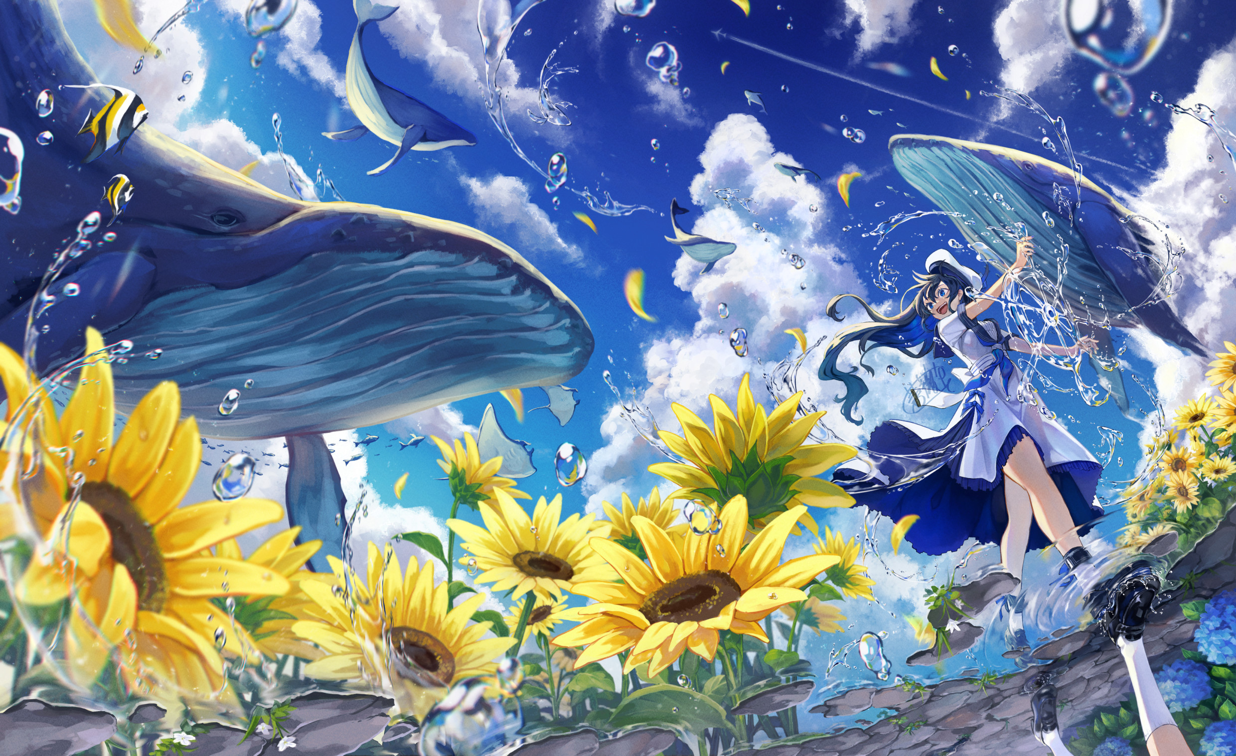 Canned Rose Flying Whales Looking Away Low Angle Yellow Flowers Cumulus Water Drops Tropical Fish Op 2480x1518
