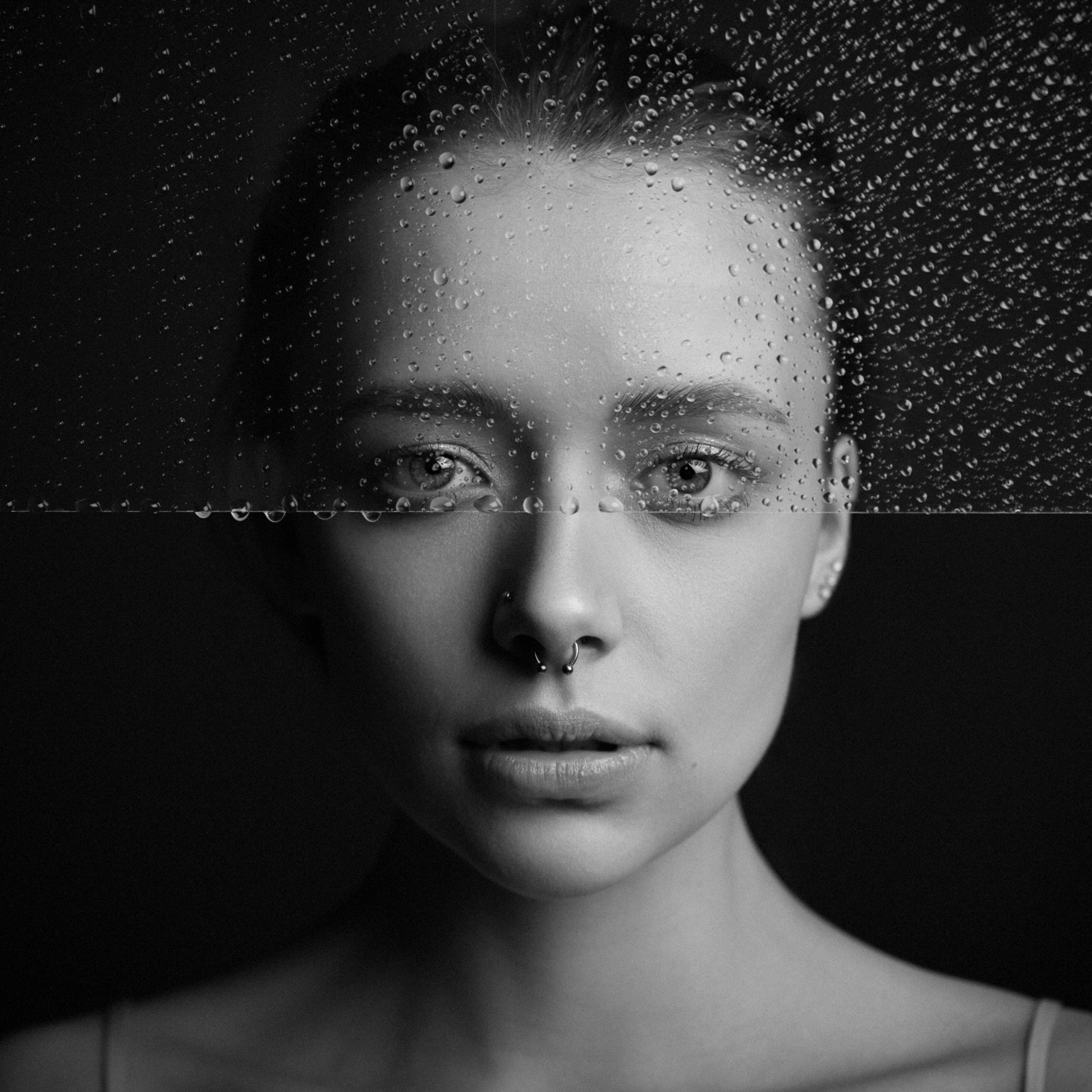 Alexey Puchkovsky Women Monochrome Portrait Water Drops Piercing 2560x2560