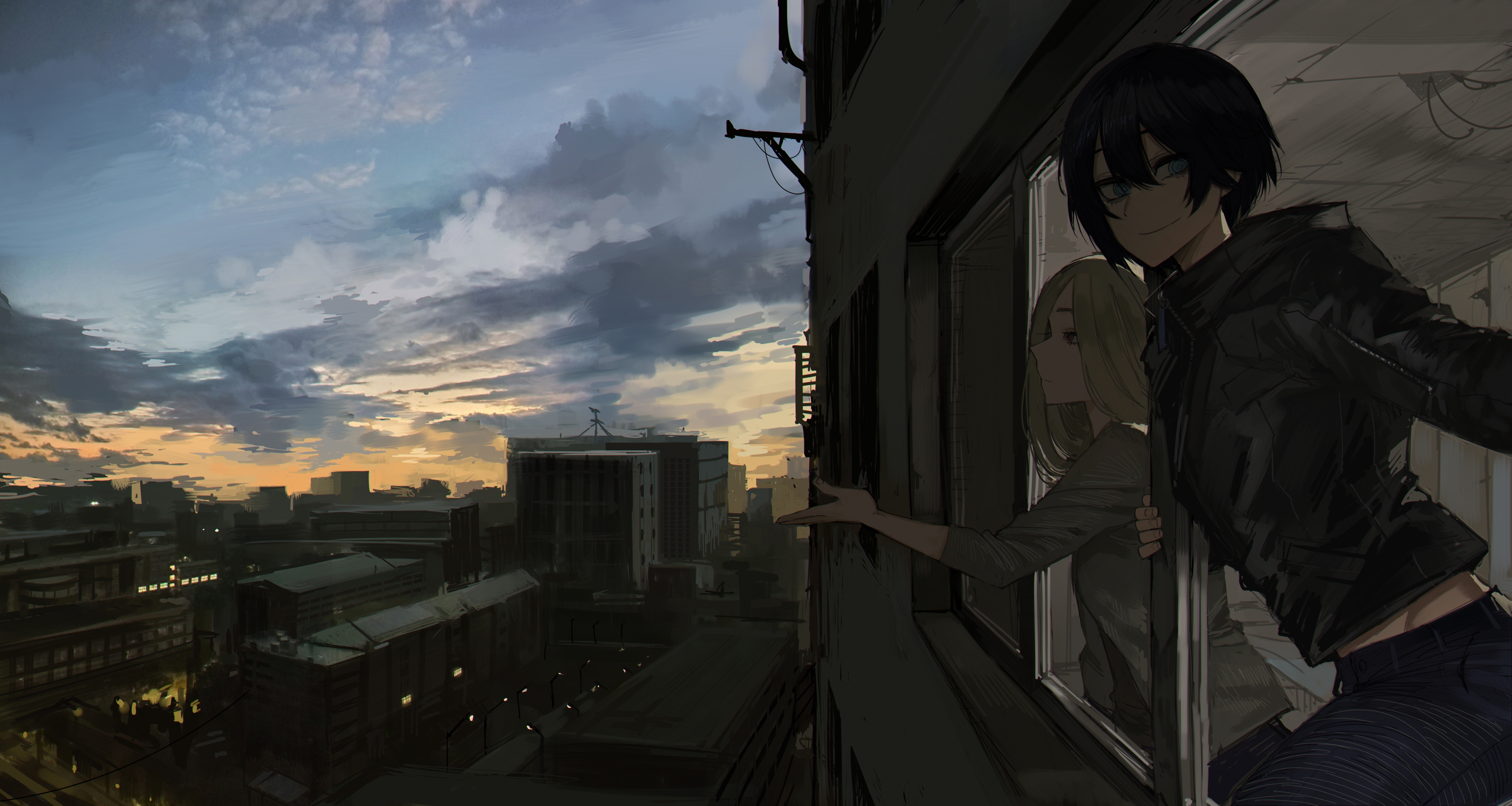 Anime Sky Clouds City Window Anime Girls Sunset Smiling Black Hair Blonde 4500x2400