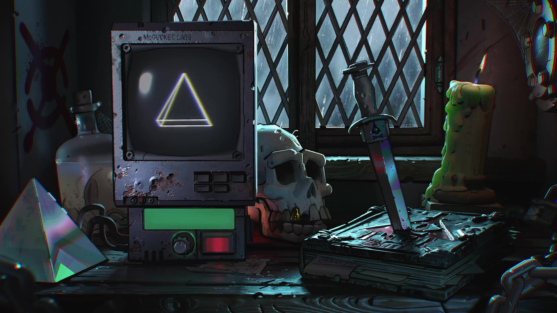 Gravity Falls Disney Cartoon Digital Art Skull Candles Books Bill Cipher Dagger Prism 1920x1080