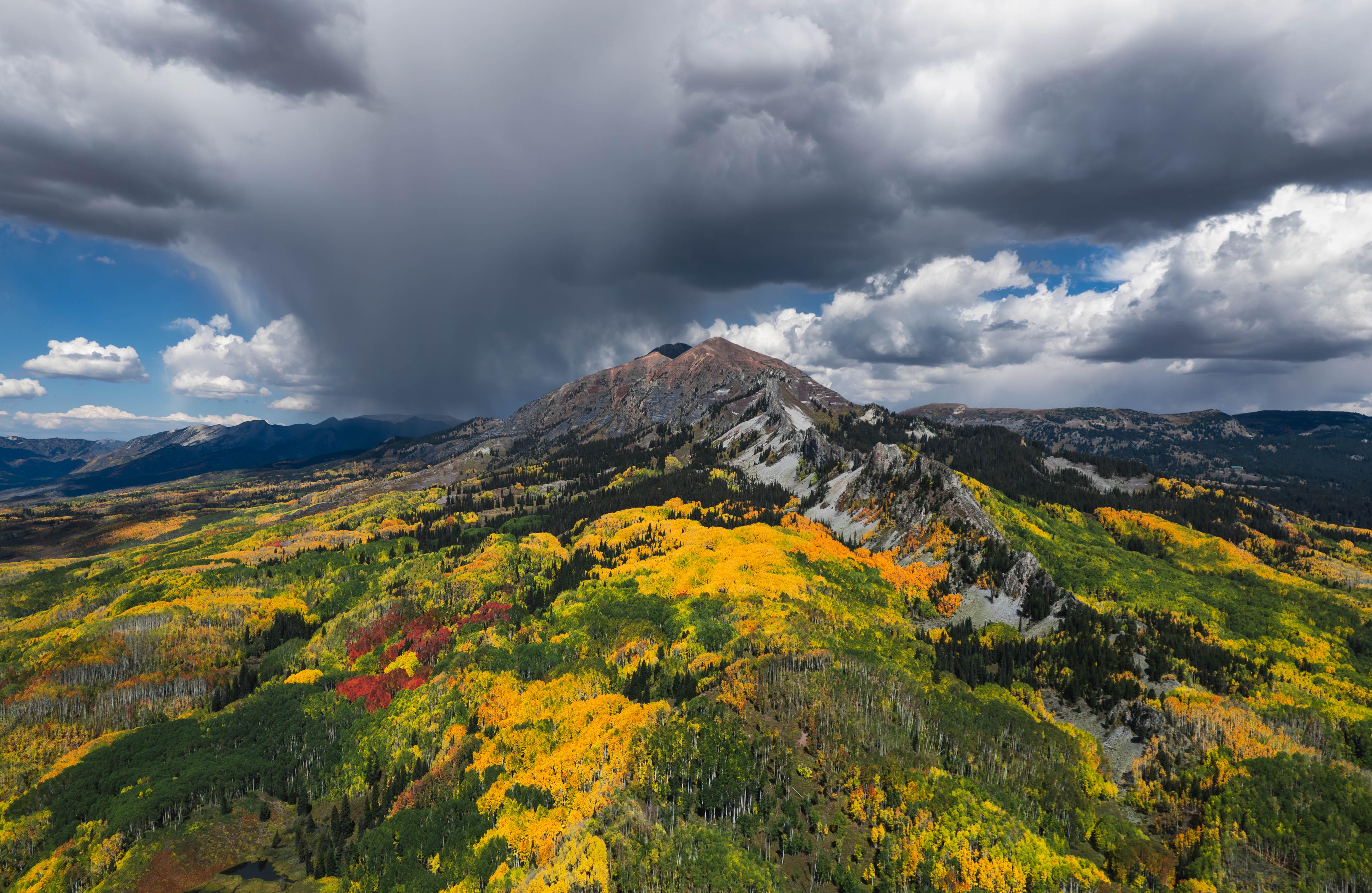 Nature Landscape Fall Aerial View Mountains Rain Clouds Forest Colorado USA North America 5041x3279