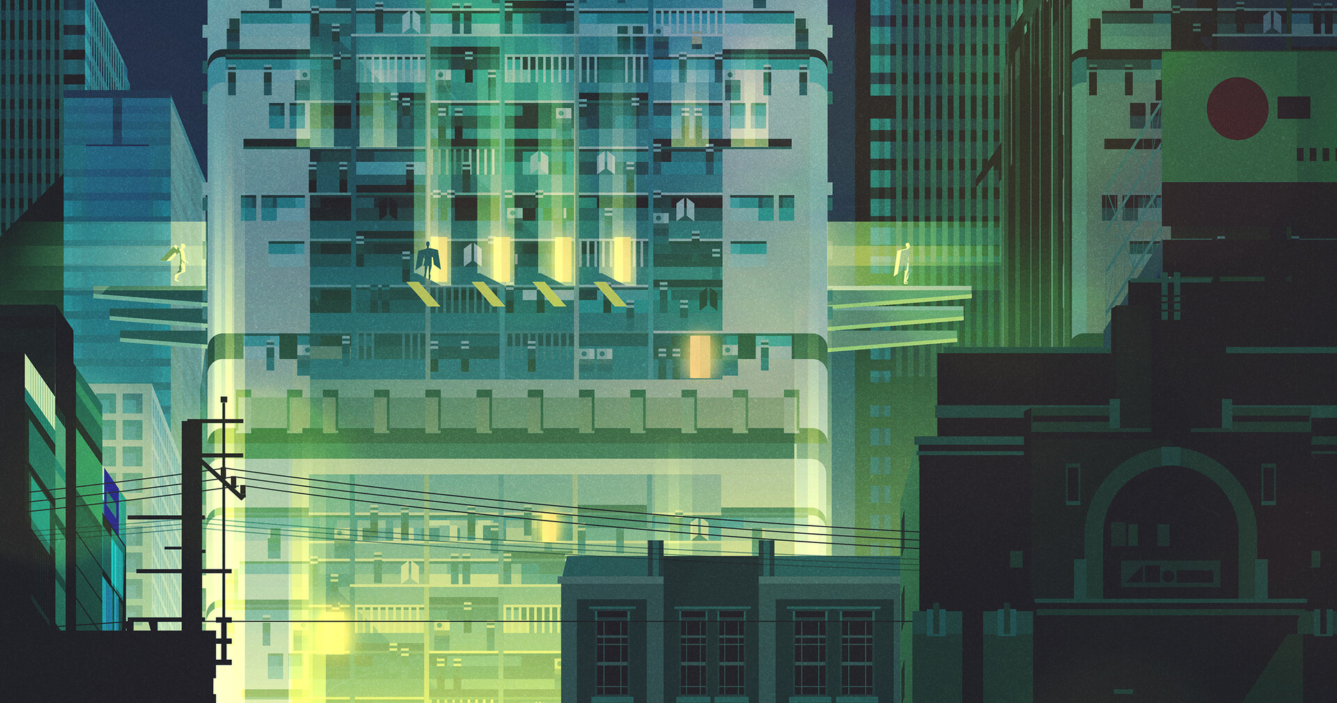 James Gilleard Night Apartments Power Lines Glowing Japanese Flag 1920x1010