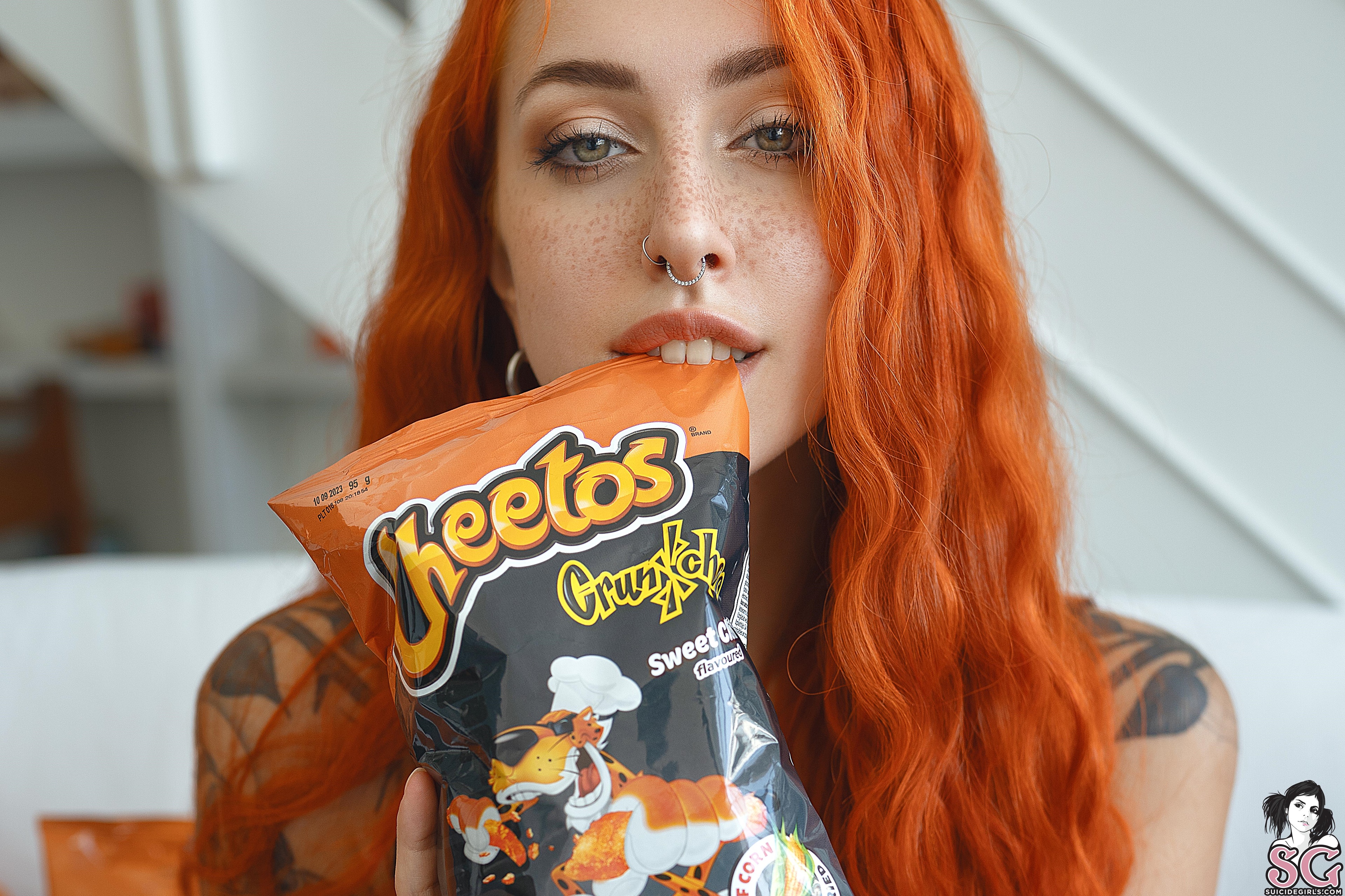 Redhead Women Model Inked Girls Freckles Looking At Viewer Tattoo Pierced Nose Cheetos Italian Face  3840x2560