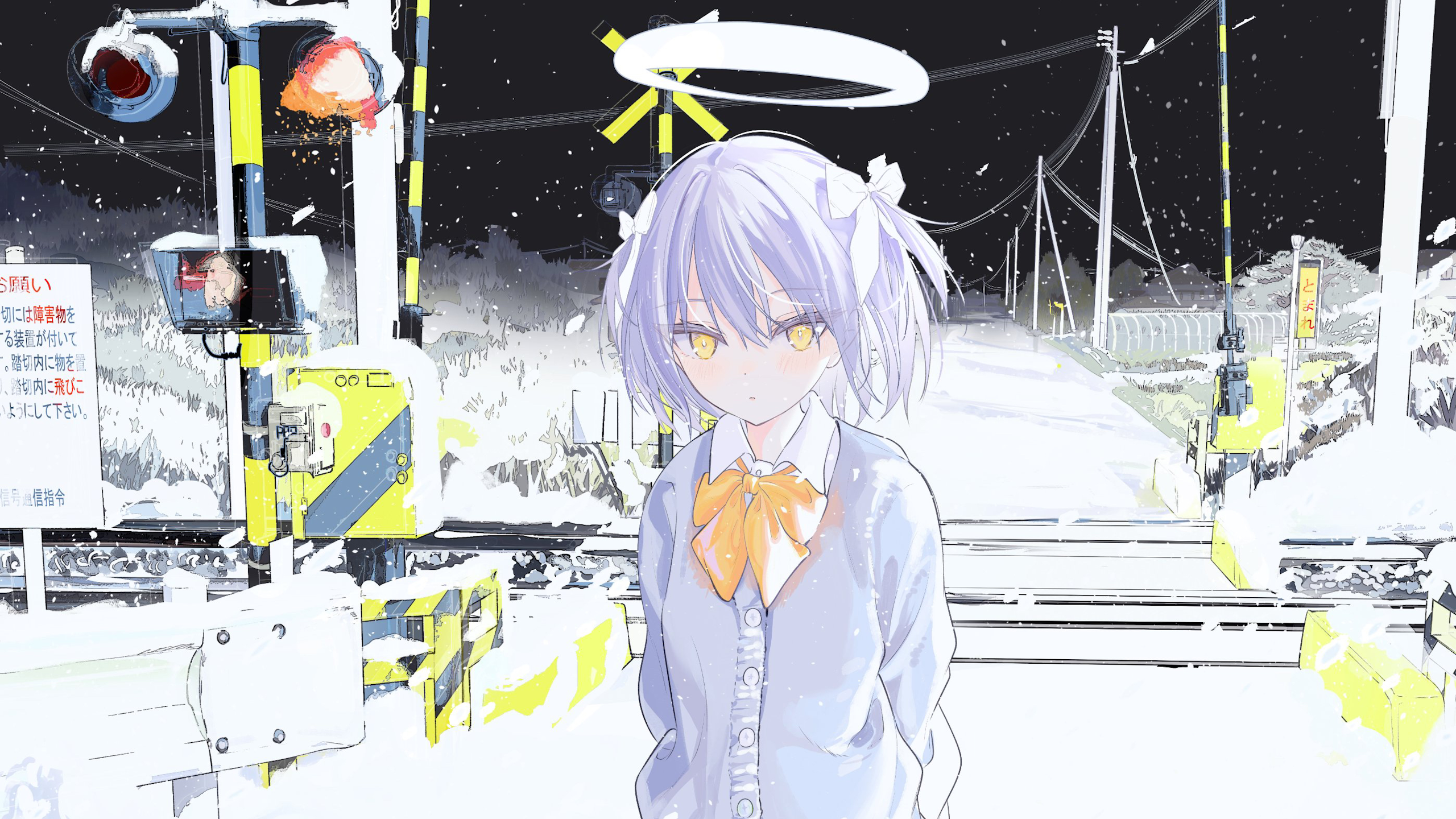 Anime Anime Girls Railway Snow Purple Hair Yellow Eyes 2560x1440