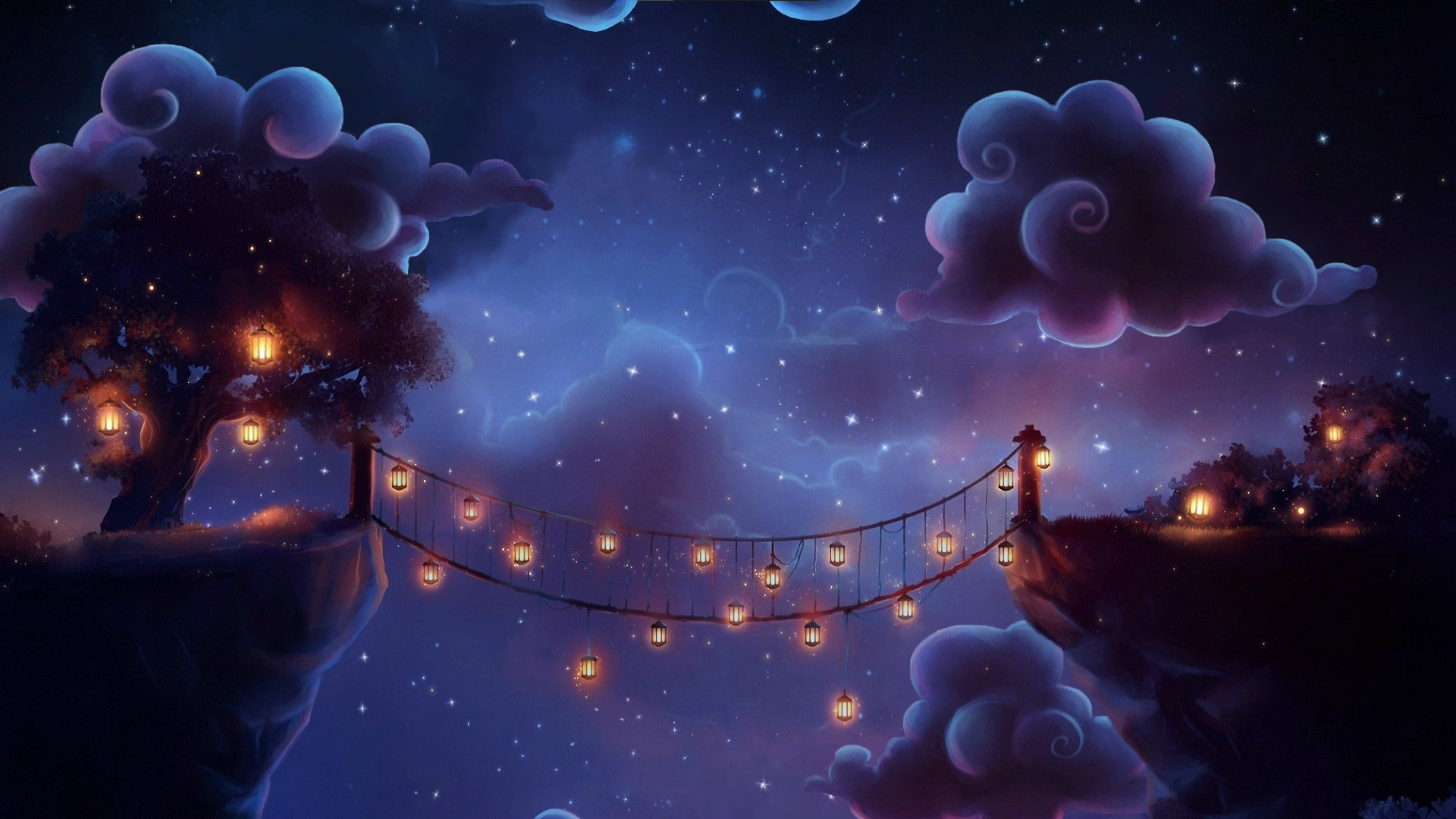 Night Magic Bridge Night Lanterns Clouds Stars Digital Art 1920x1080