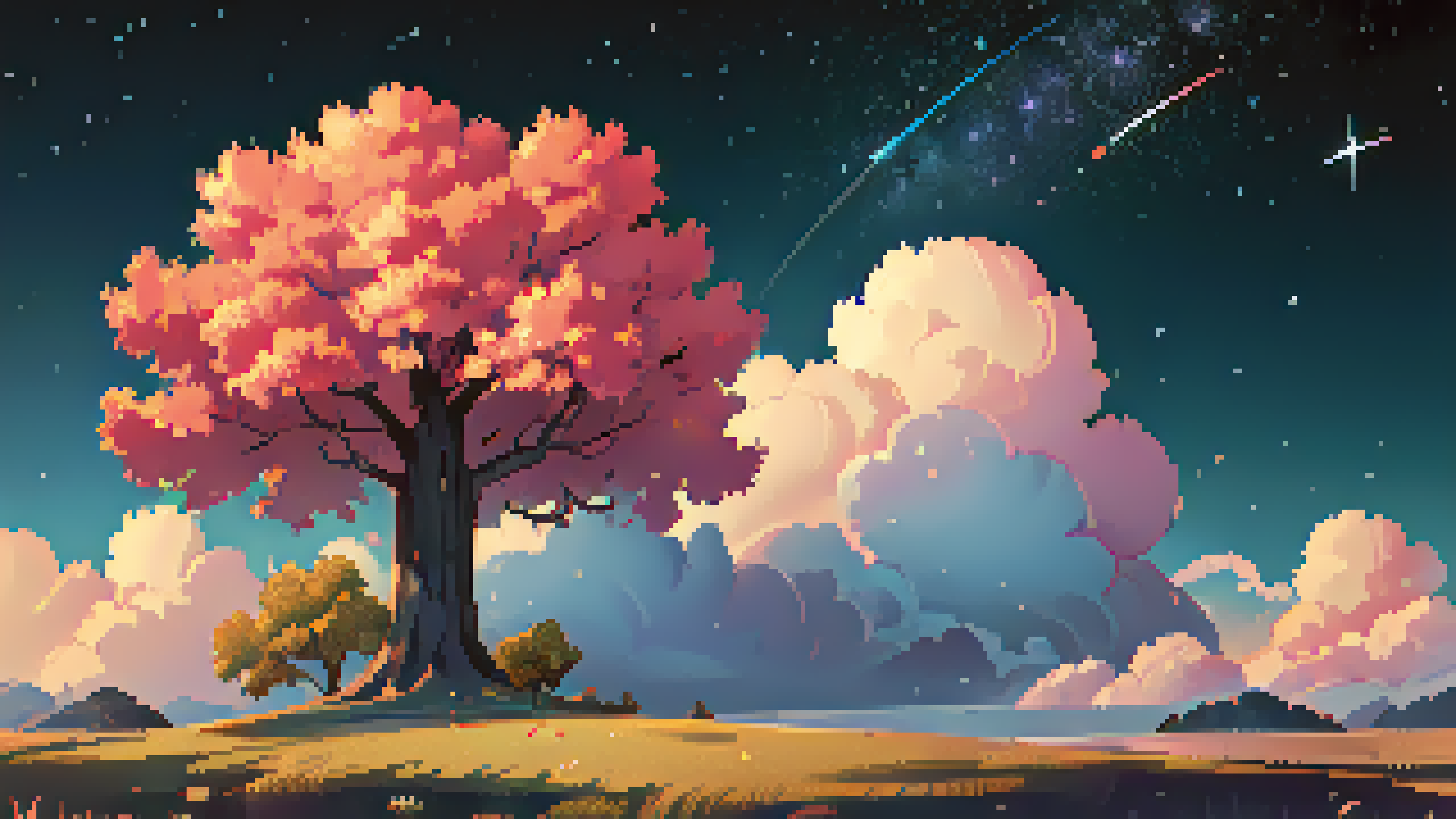 Digital Art Pixel Art Pixelated Pixels Trees Cherry Blossom Night Stars Clouds Shooting Stars Field 5120x2880