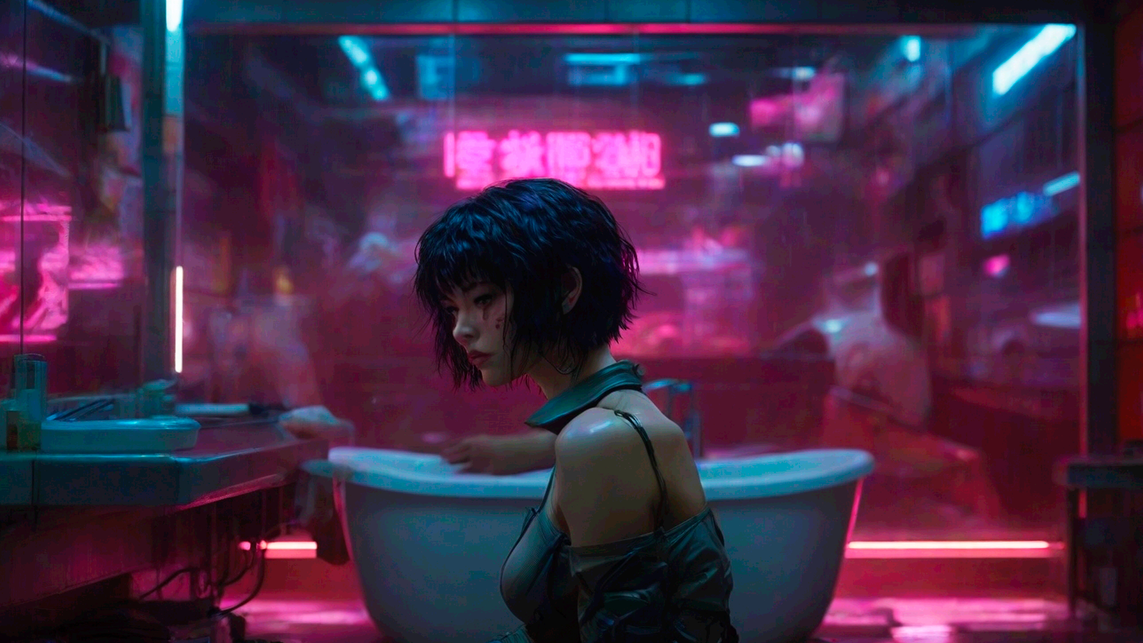 Cyberpunk Bath Futuristic Neon Sign 3840x2160