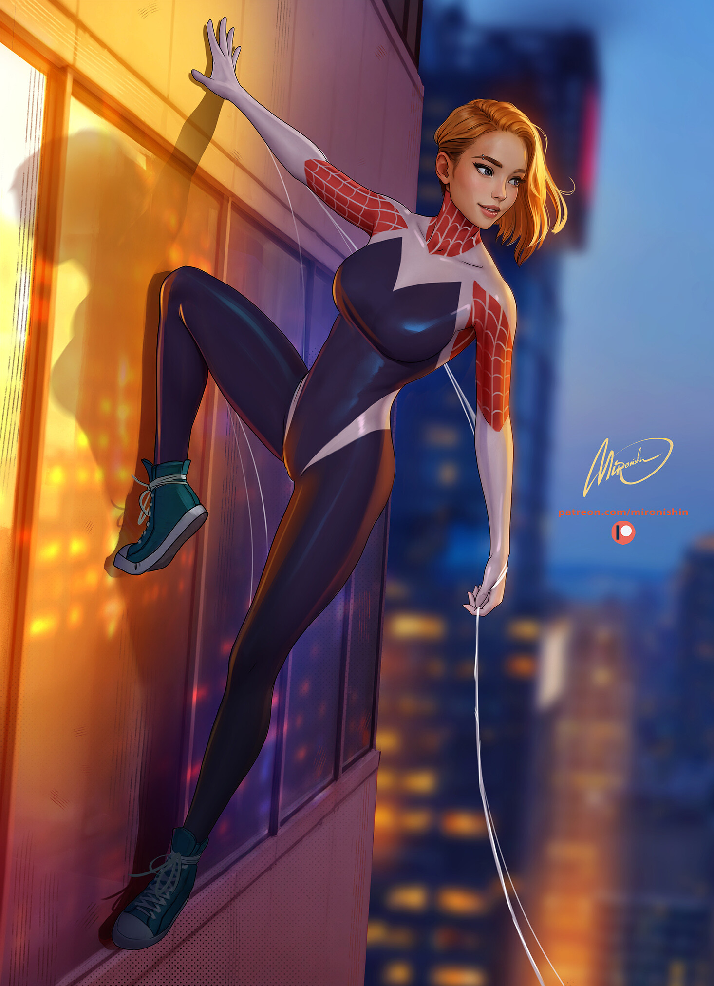 Mironishin Story Drawing Spider Gwen Climbing Piercing Skyscraper 1466x2024