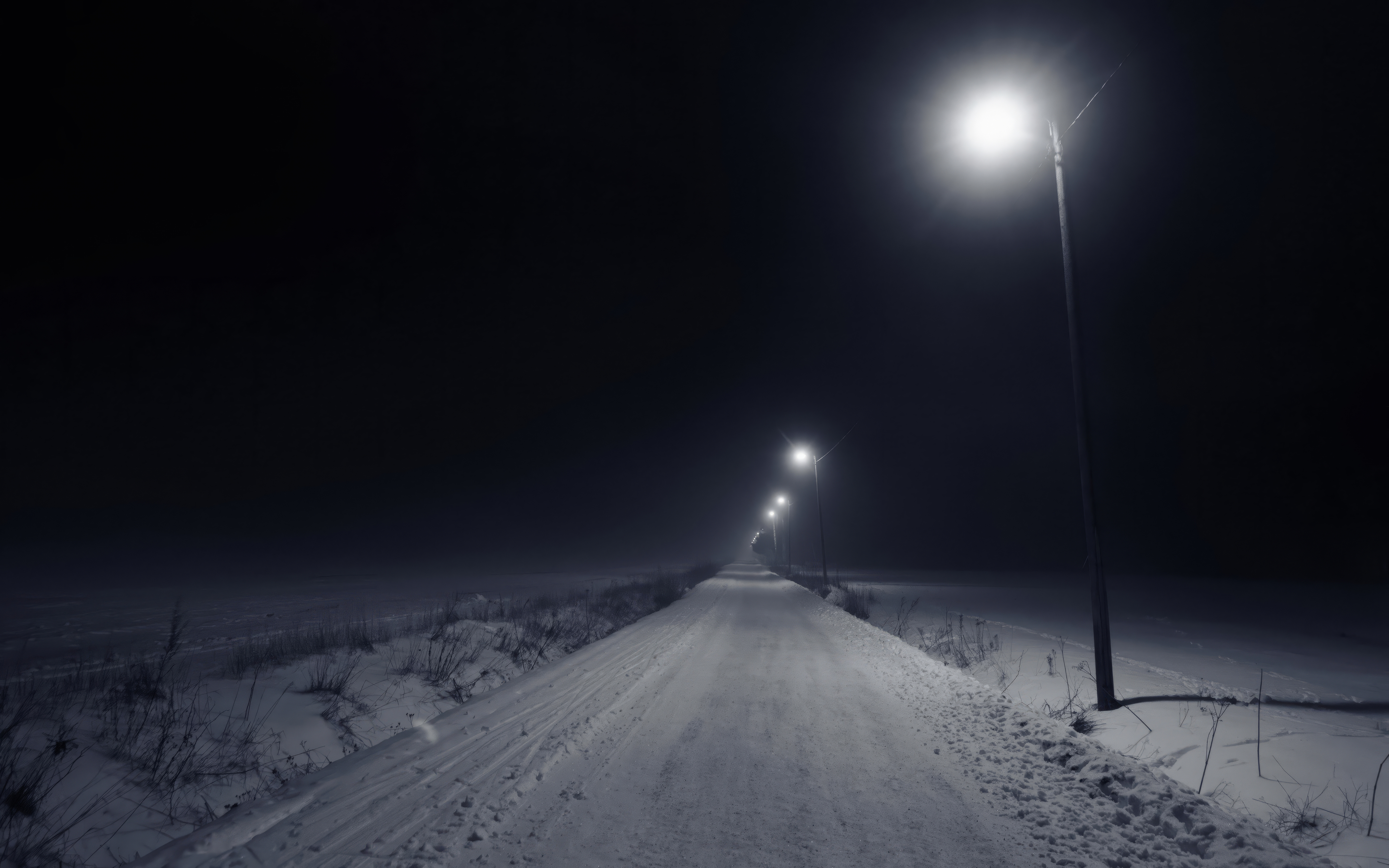 Night Snow Winter Road Alone White Light Bright Lights Lamp Path 5120x3200