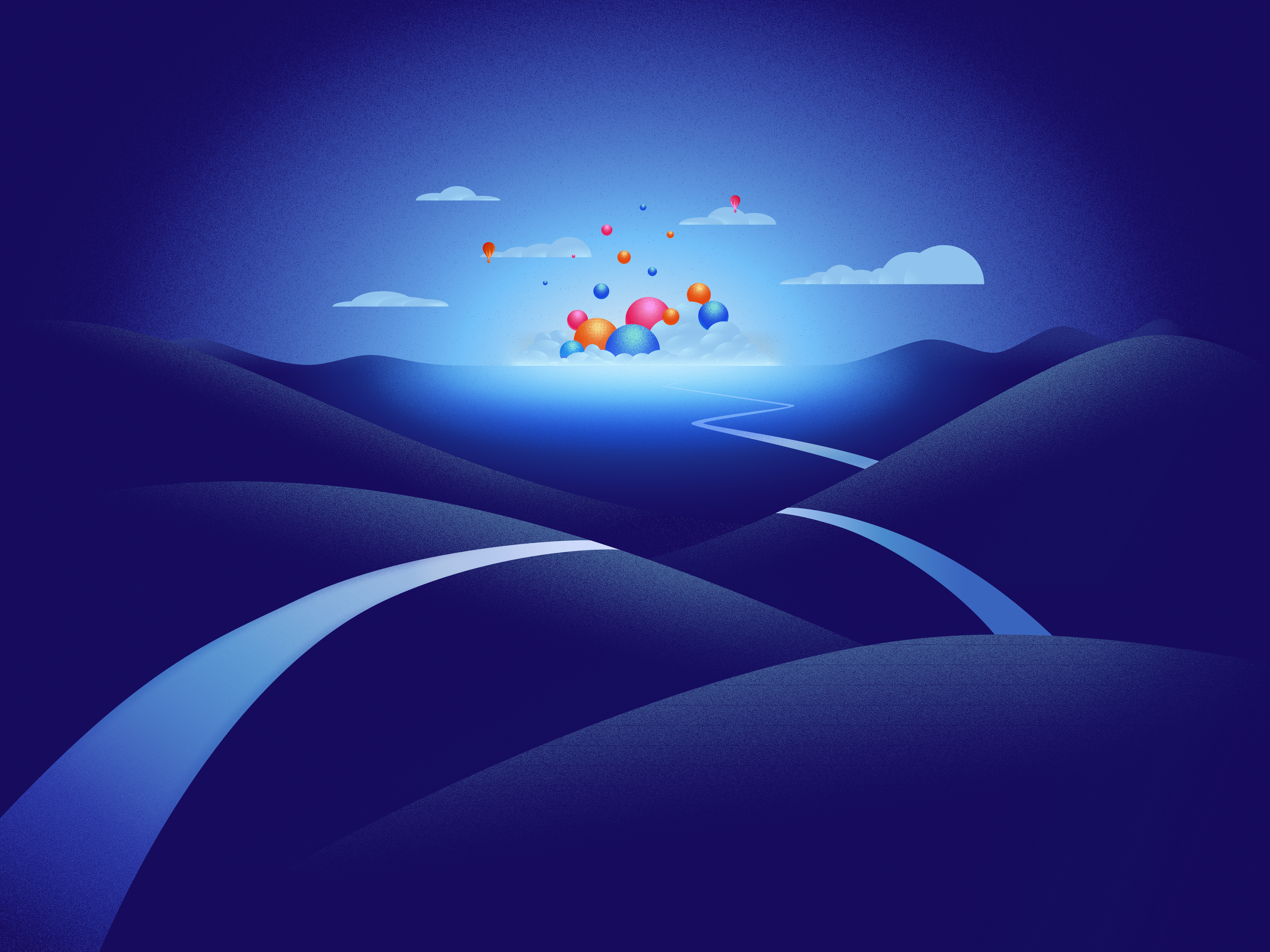 Fedora Linux Operating System Minimalism Clouds Path Blue Background Hot Air Balloons Colorful 4032x3024