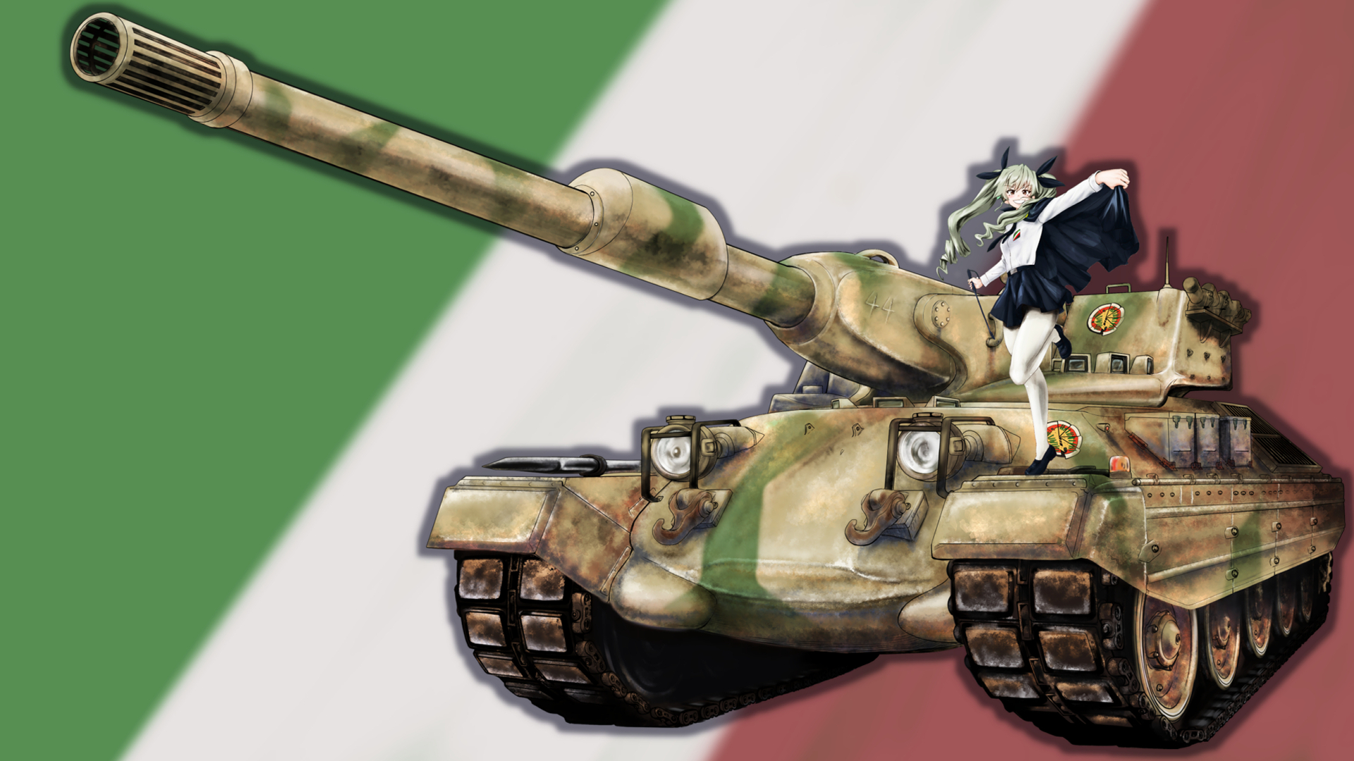 Anchovy Girls Und Panzer Girls Und Panzer Tank Italian Flag Smiling Anime Girls Drill Hair Green Hai 1920x1080