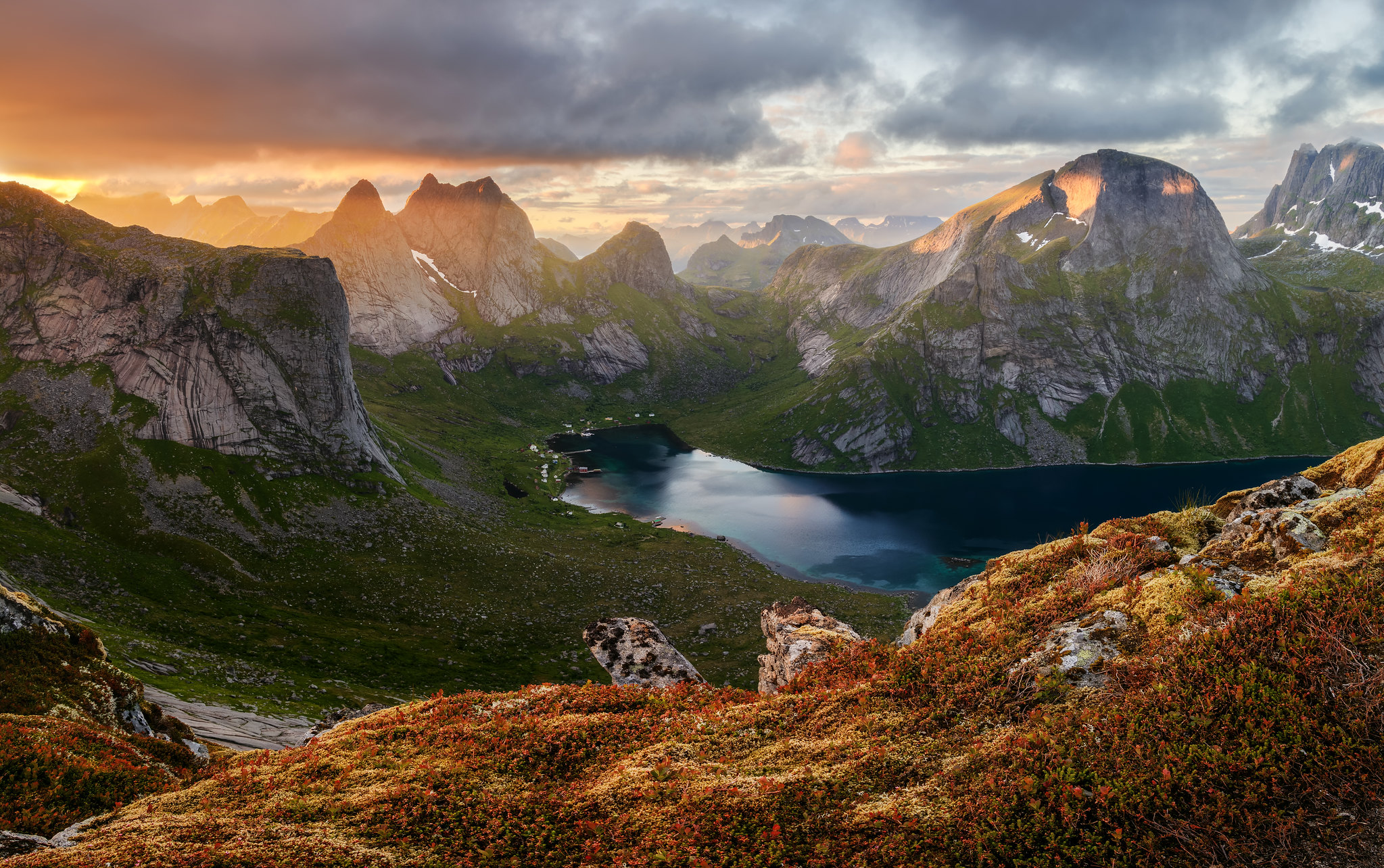 Nature Landscape Mountains Clouds Grass Plants Rocks Lake Water Far View Sun Rays Sunset Lofoten Nor 2047x1284