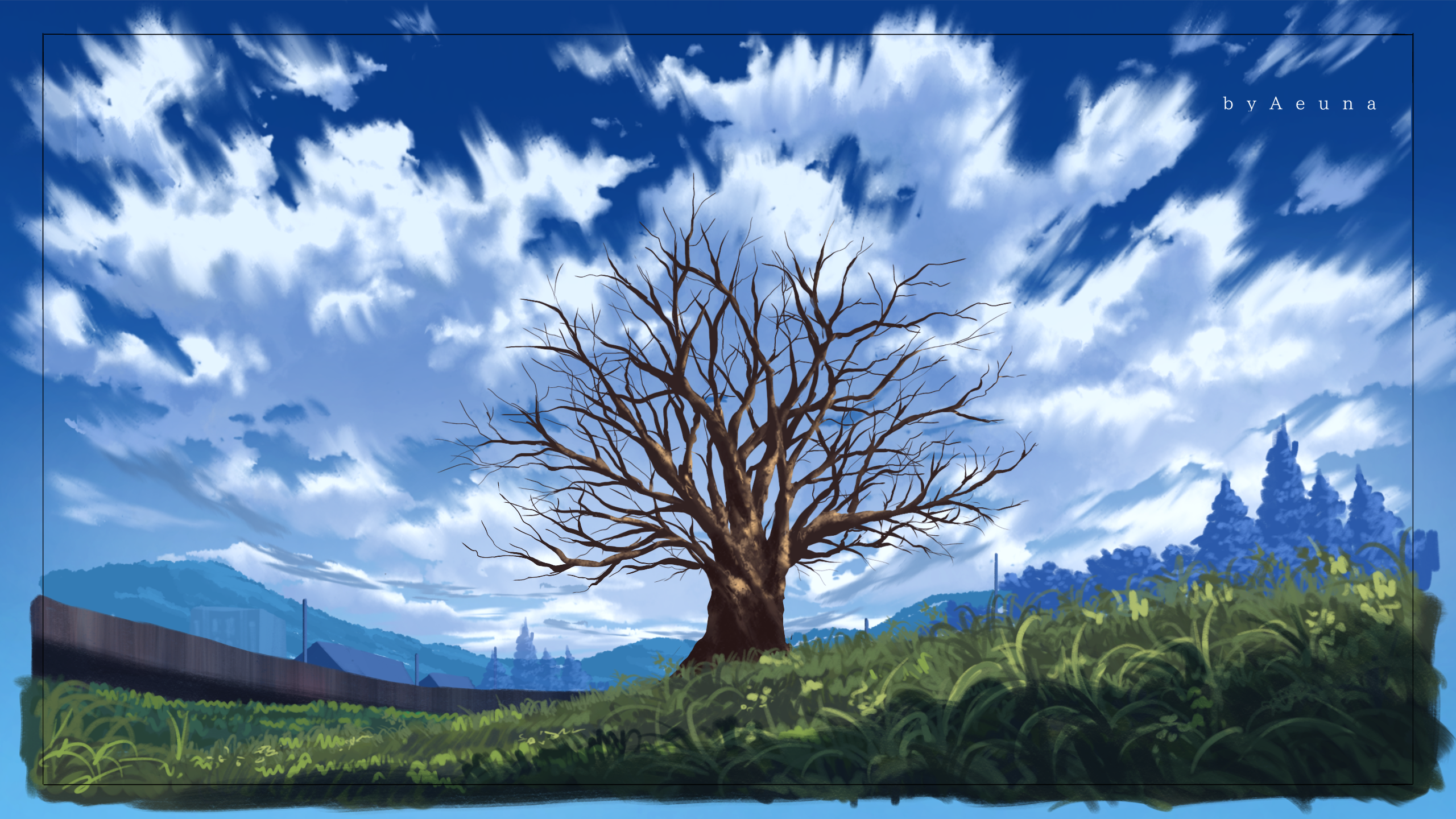 Aeuna Digital Art Artwork Illustration Landscape Clouds Sky Nature Field Trees Watermarked 2560x1440