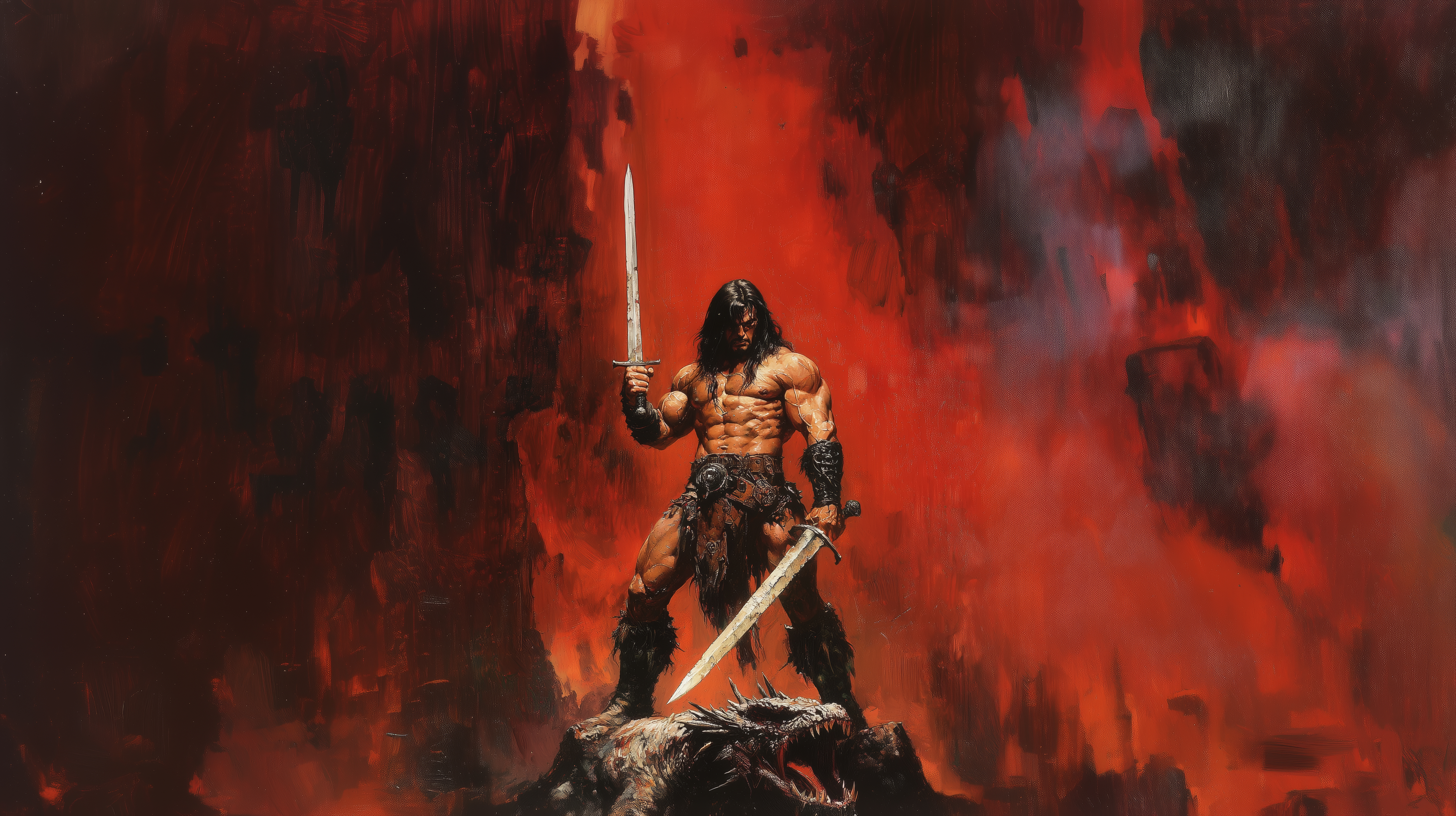 Warrior Sword Dragon Conan The Barbarian Red Fantasy Art Illustration Oil Painting Shirtless 5824x3264